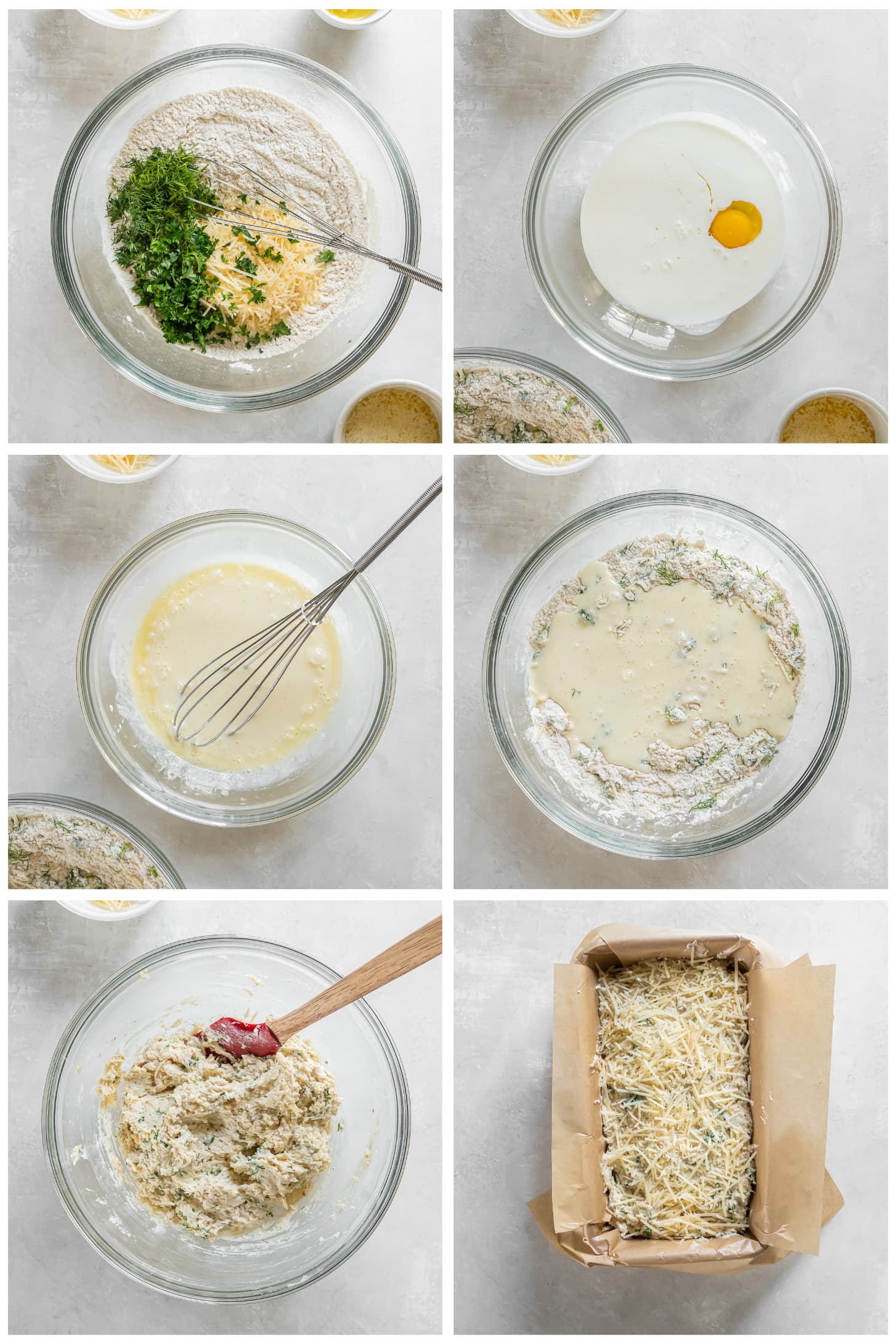 photo collage demonstrating how to make parmesan herb quick bread in a mixing bowl