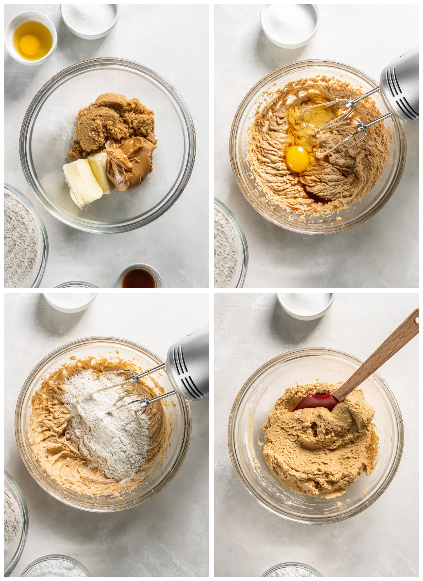 photo collage demonstrating how to make peanut butter cookie dough in a mixing howl