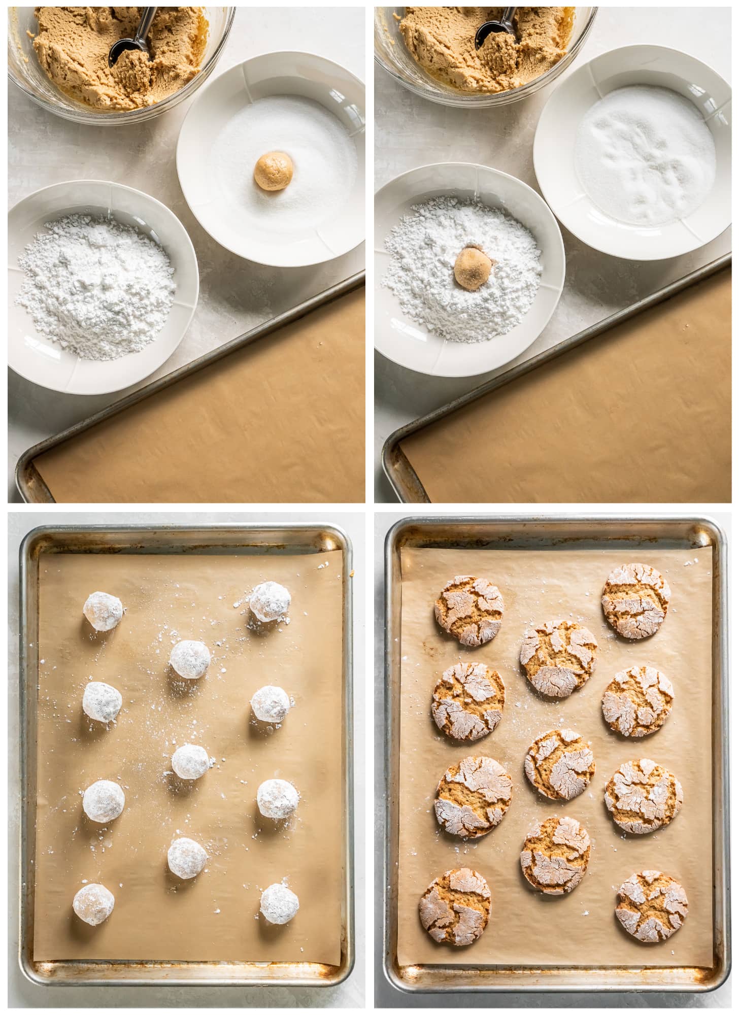 photo collage demonstrating how to coat peanut butter cookie dough in sugar and before and after cookies baked