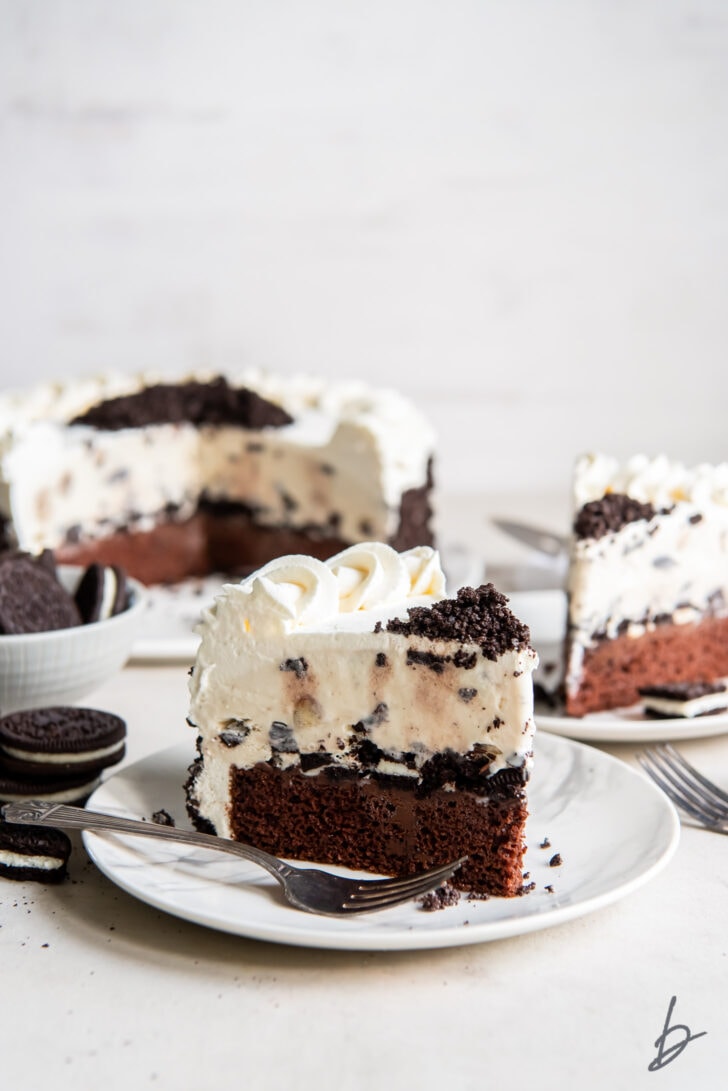 slice of ice cream cake on a plate with a fork