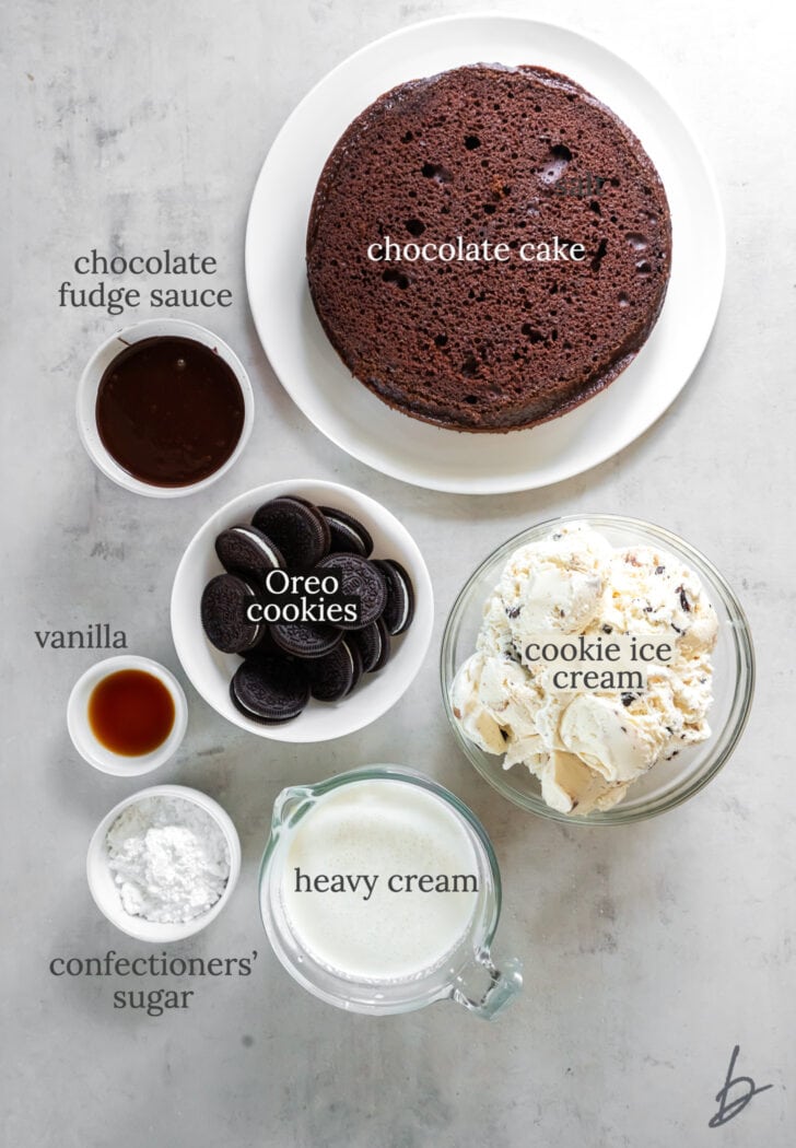 ice cream cake ingredients in bowls labeled with text
