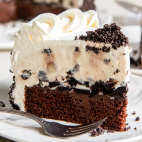 ice cream cake slice with layers of chocolate cake, cookie crumb filling and ice cream