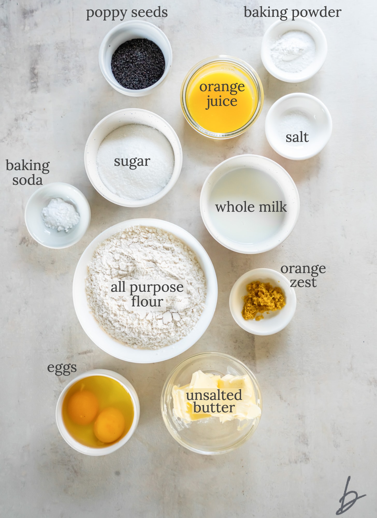 orange poppy seed muffin ingredients in bowls labeled with text