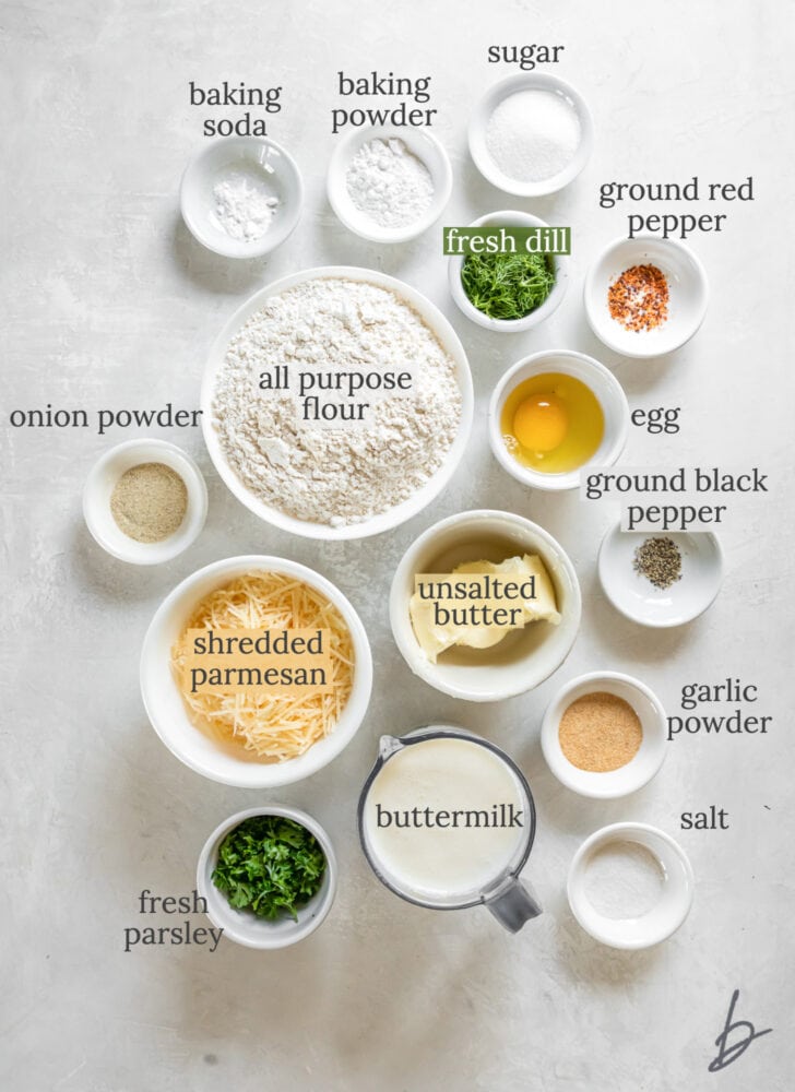 parmesan herb quick bread ingredients in bowls labeled with text