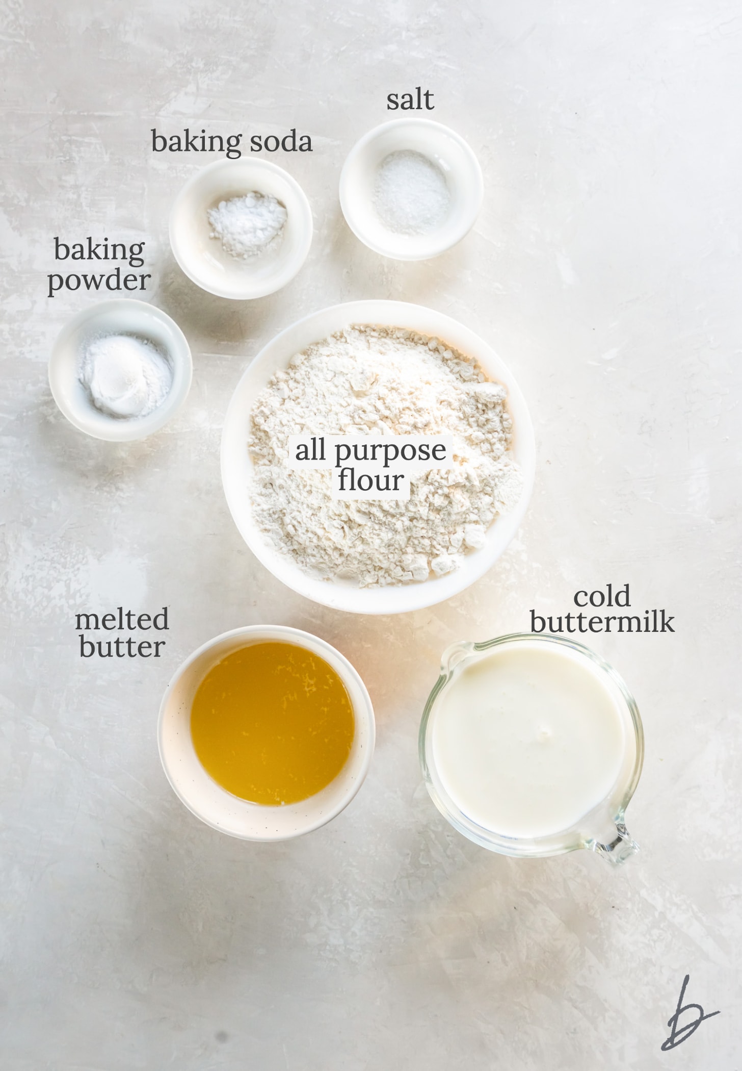 buttermilk drop biscuit ingredients in bowls labeled with text.