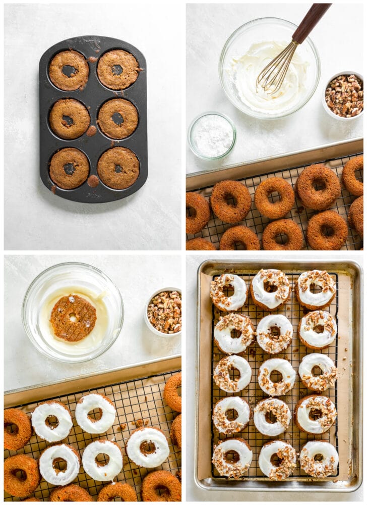 photo collage demonstrating how to dip carrot cake donuts in cream cheese frosting
