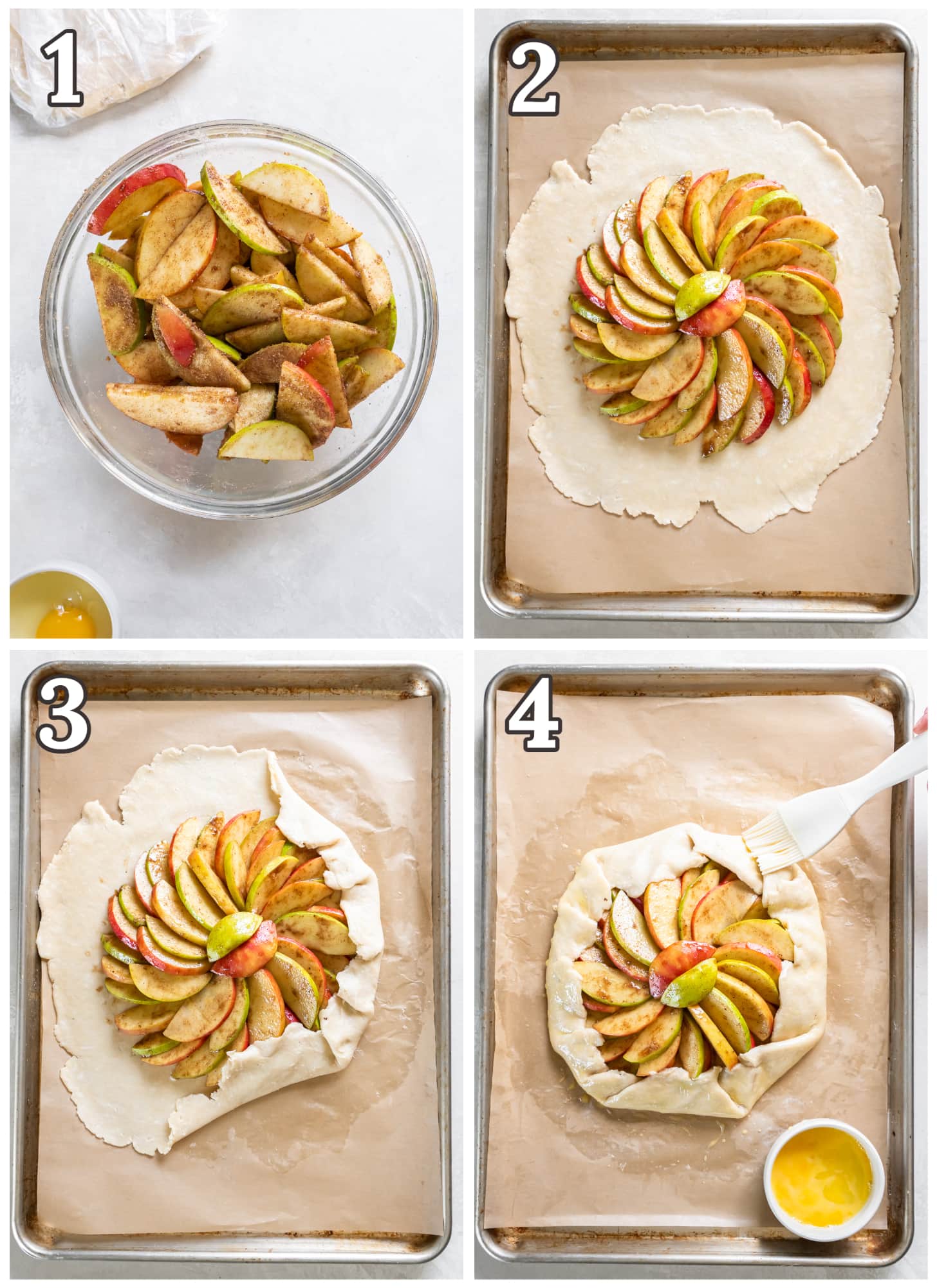 photo collage demonstrating how to make apple galette on baking sheet with pie crust.