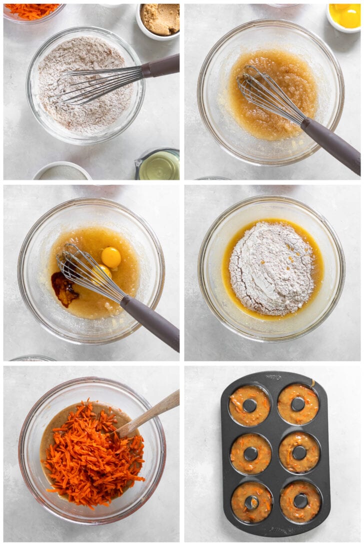photo collage demonstrating how to make carrot cake donut batter in a mixing bowl