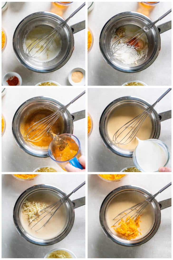 photo collage demonstrating how to make beer cheese dip in a saucepan