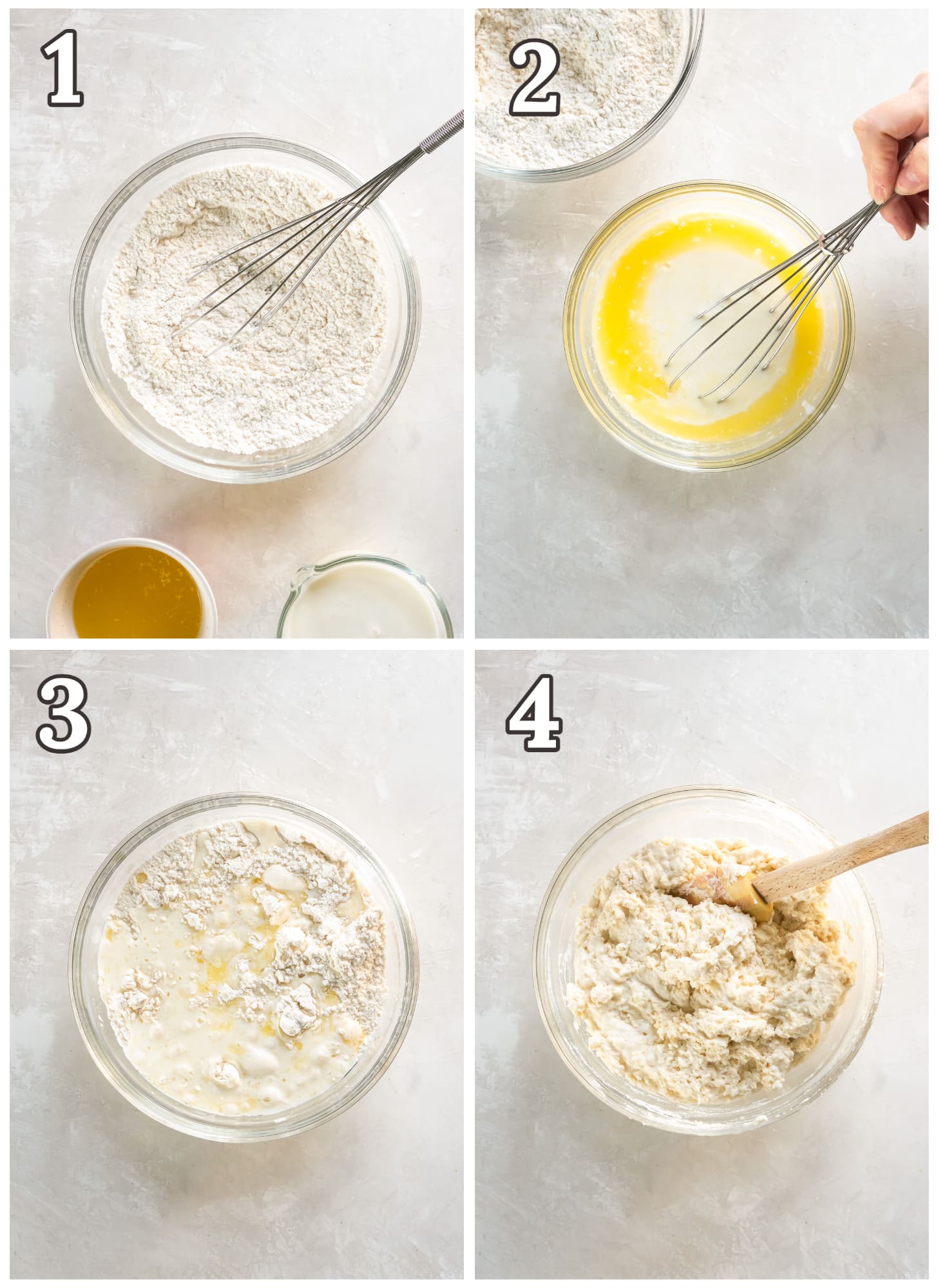 photo collage demonstrating how to make buttermilk drop biscuit dough in mixing bowl.