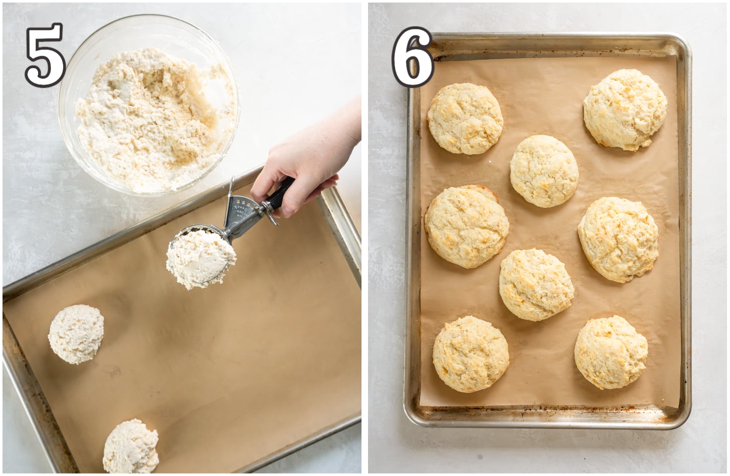 two photos showing buttermilk drop biscuits on baking sheet before and after baking.