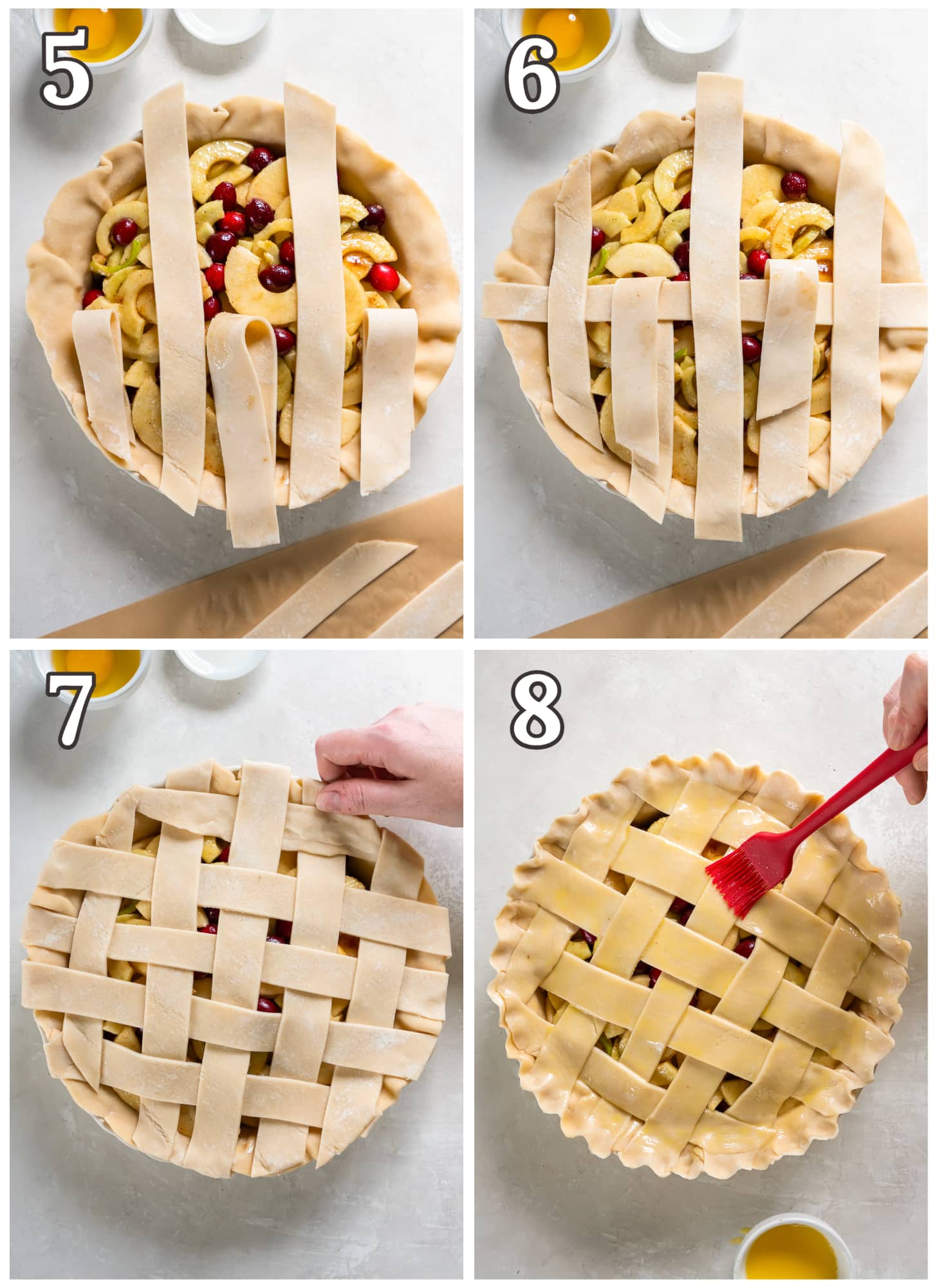 photo collage demonstrating how to make lattice pie crust with egg wash.