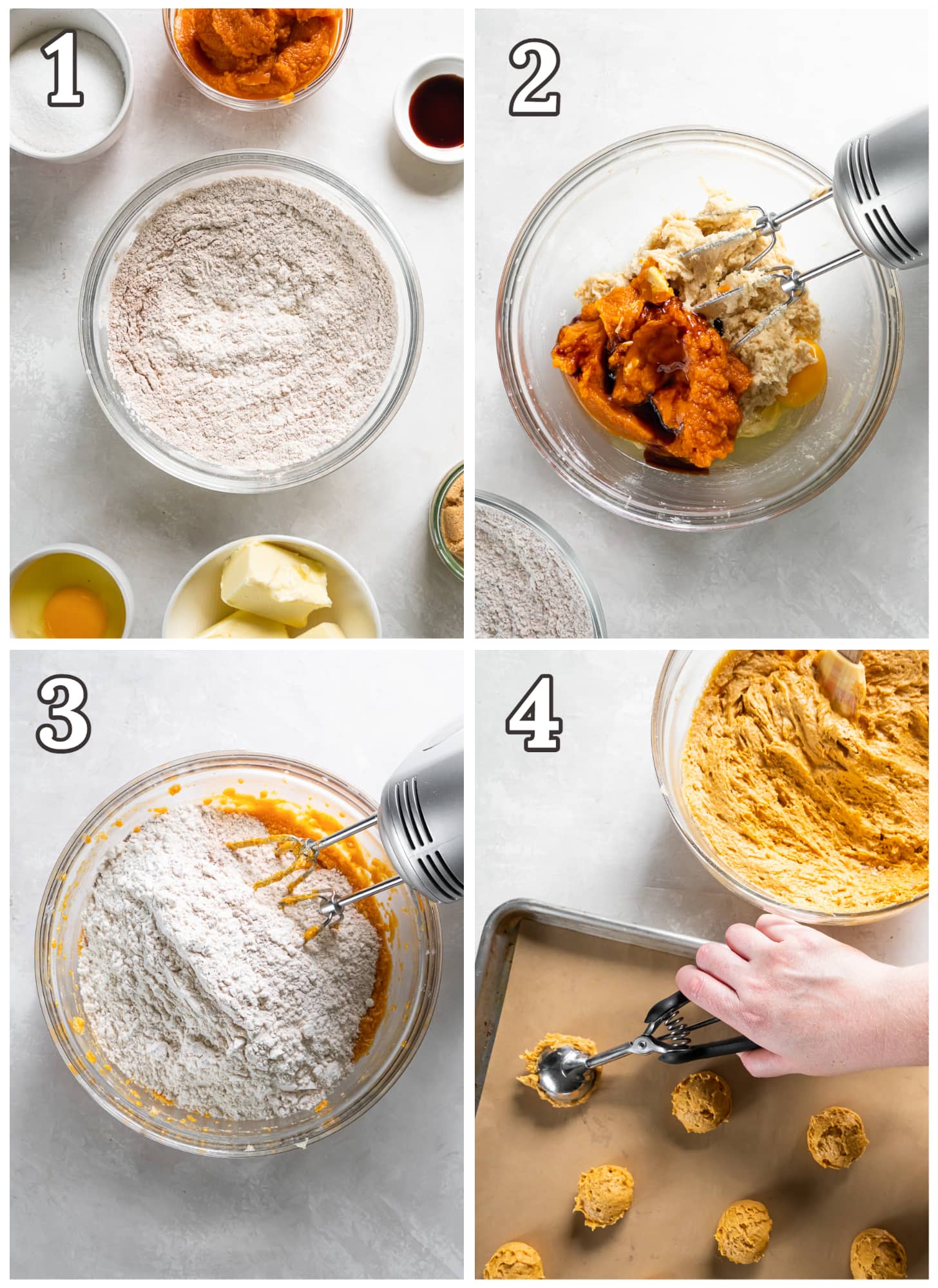 photo collage demonstrating how to make pumpkin cookies in a mixing bowl with a hand mixer.