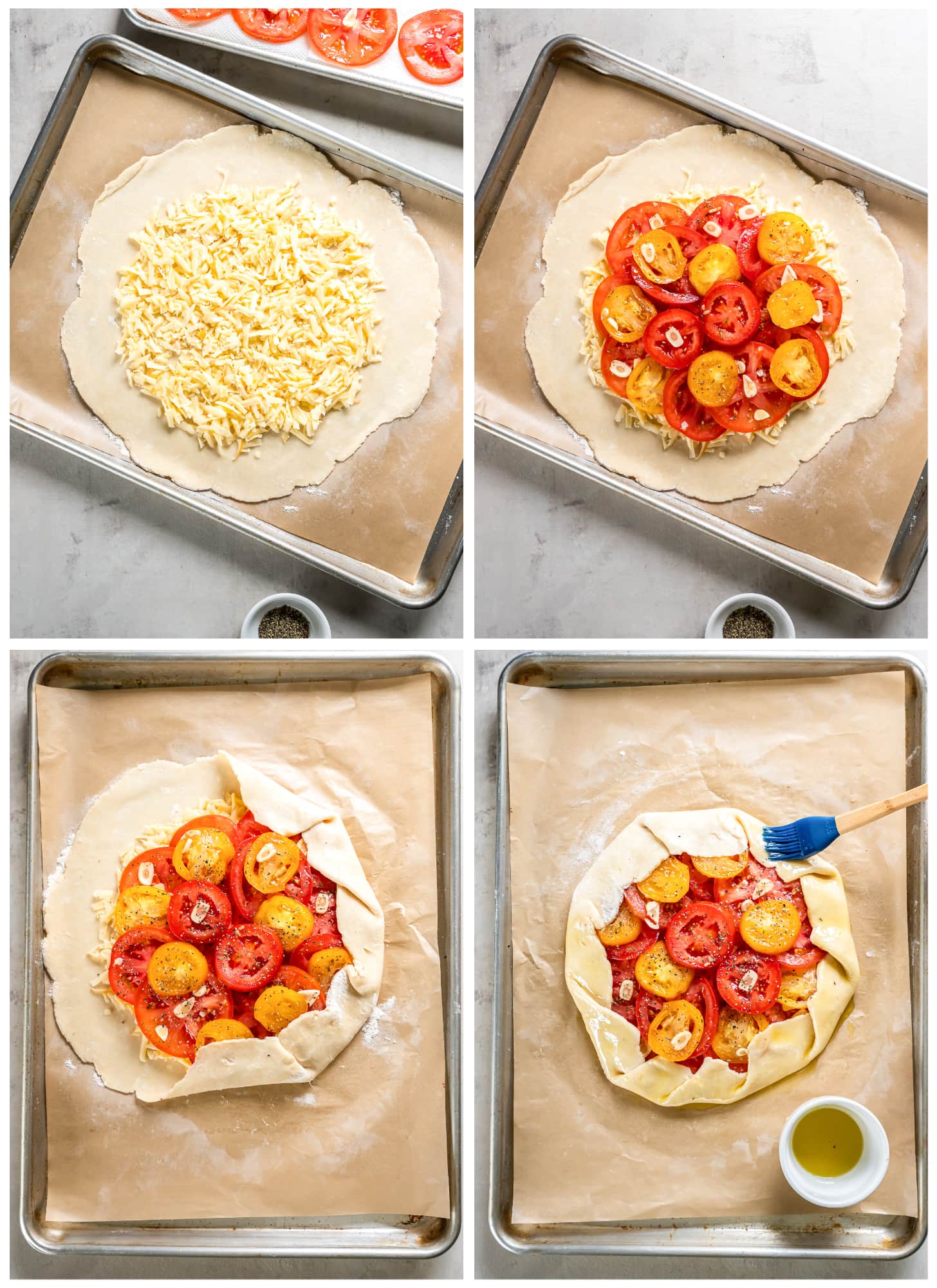 photo collage demonstrating how to assemble a tomato galette with cheese