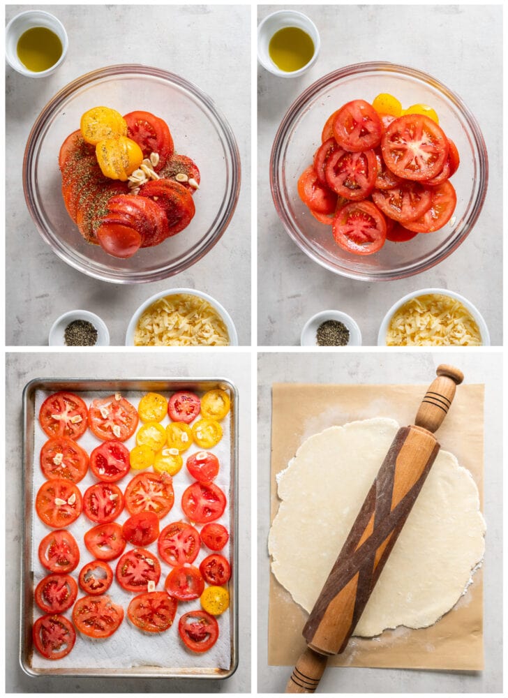 photo collage demonstrating how to toss tomato slices with ingredients for tomato galette