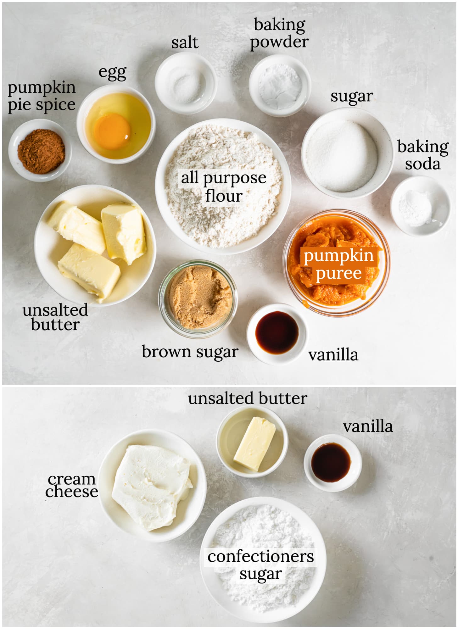 ingredients for pumpkin cookies and cream cheese frosting in bowls labeled with text.