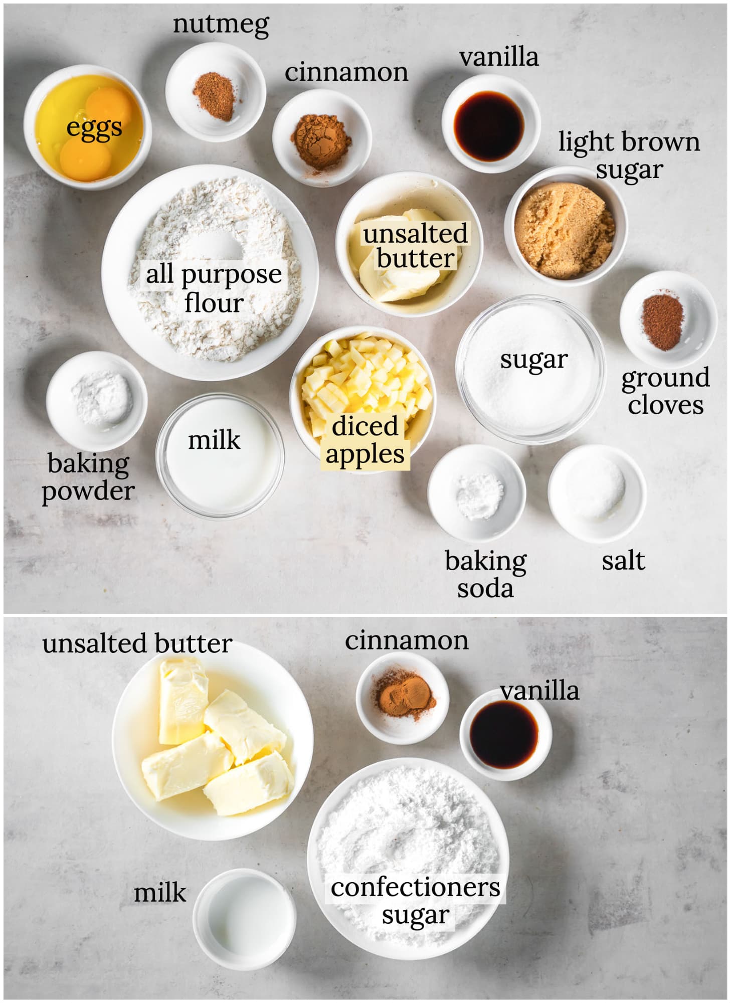 apple spice cupcakes ingredients and cinnamon buttercream frosting ingredients in bowls with text.
