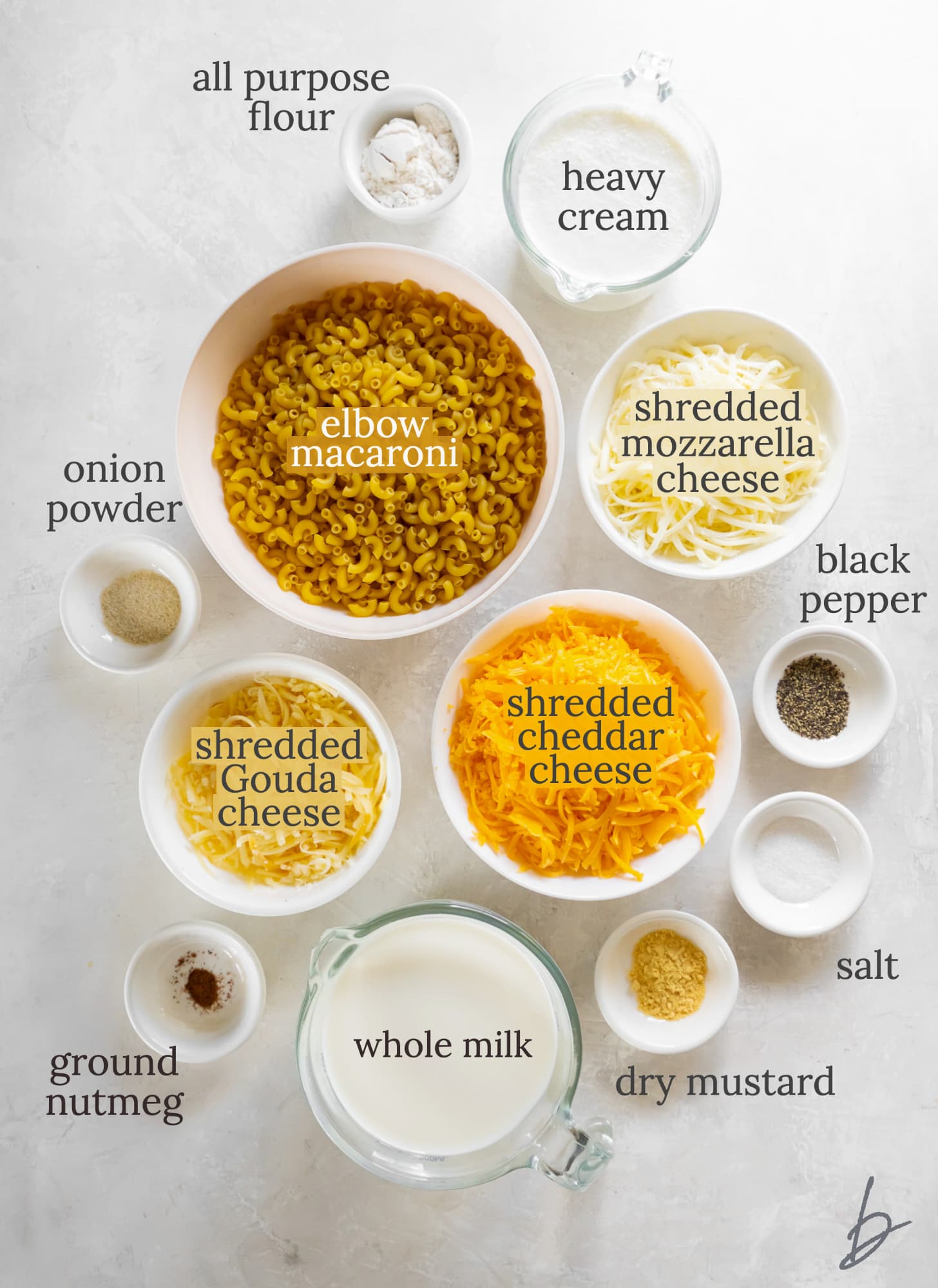 crockpot mac and cheese ingredients in bowls labeled with text