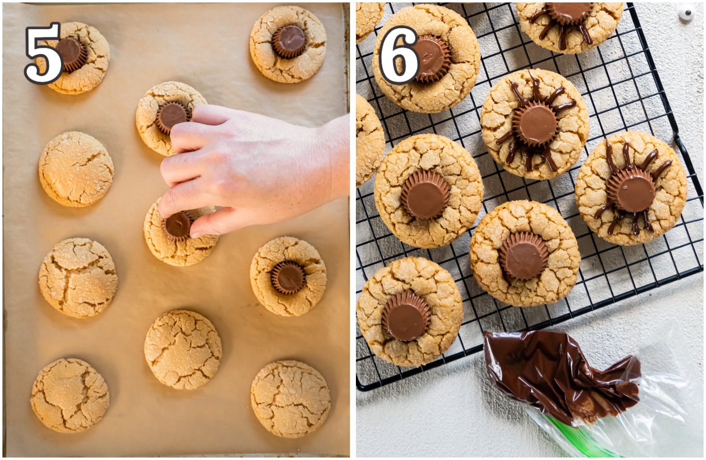 photo collage demonstrating how to decorate peanut butter spider cookies.