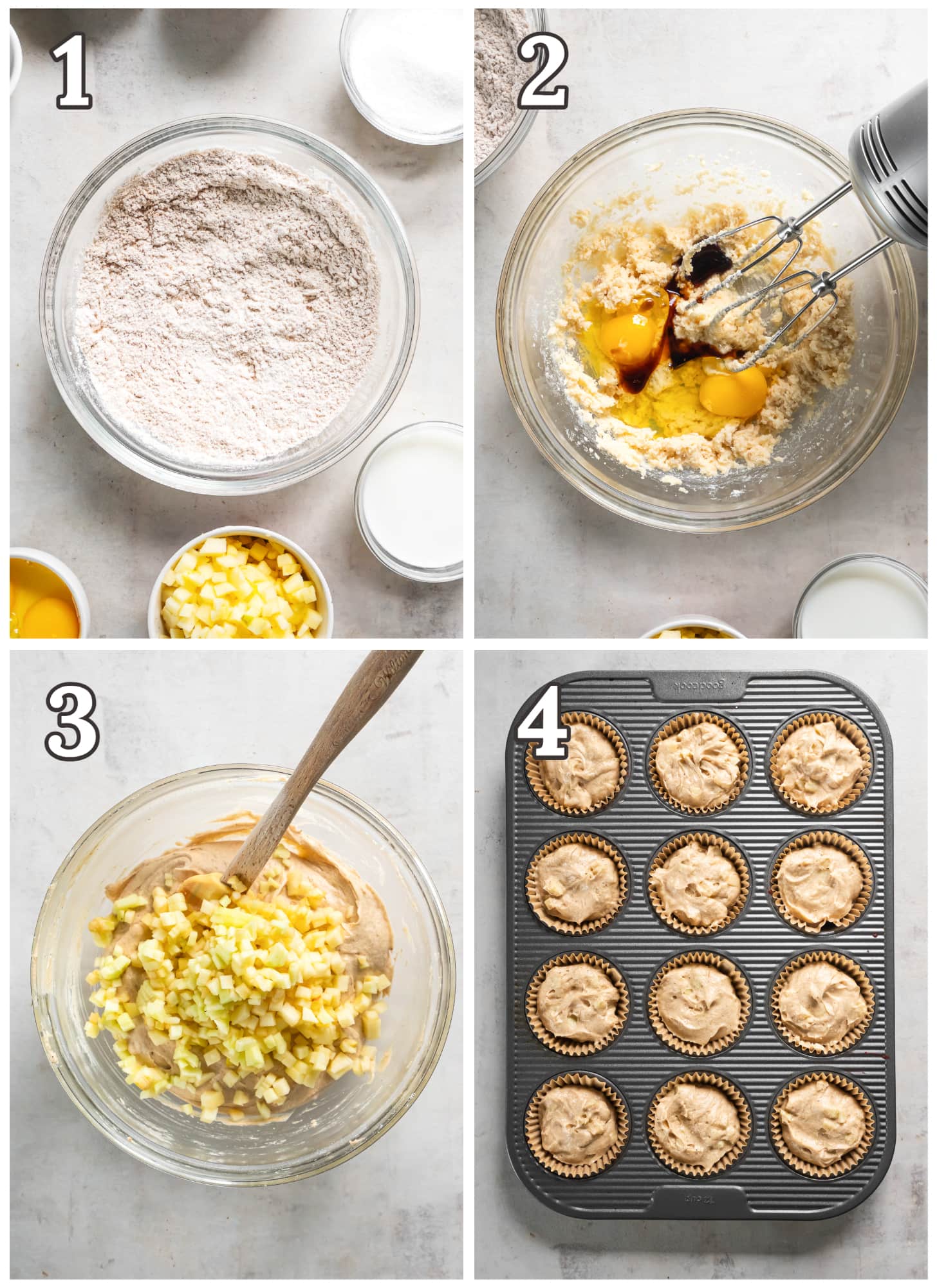 photo collage demonstrating steps to make apple spice cupcakes in mixing bowl.