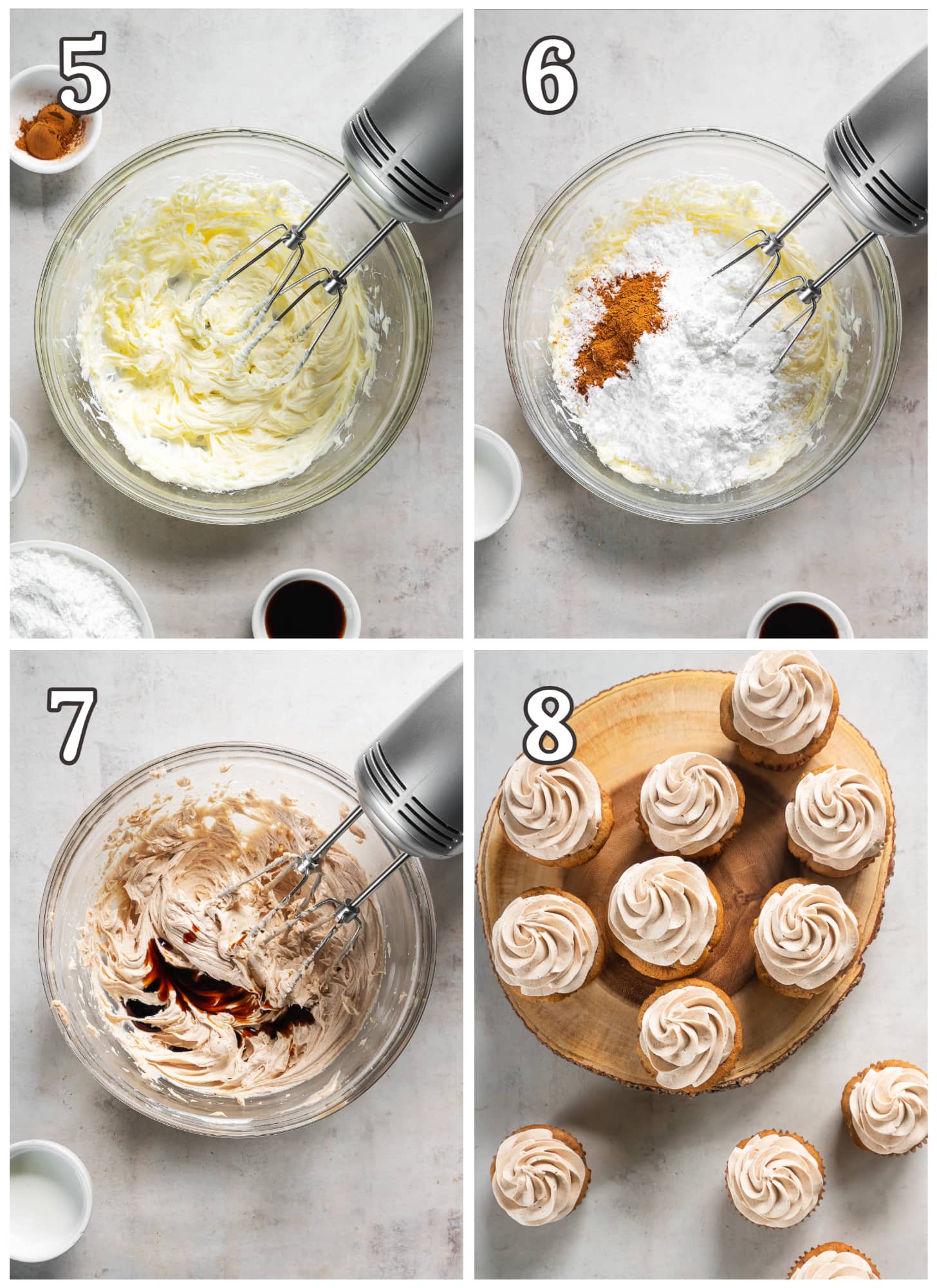 photo collage demonstrating steps to make cinnamon buttercream frosting in a mixing bowl.