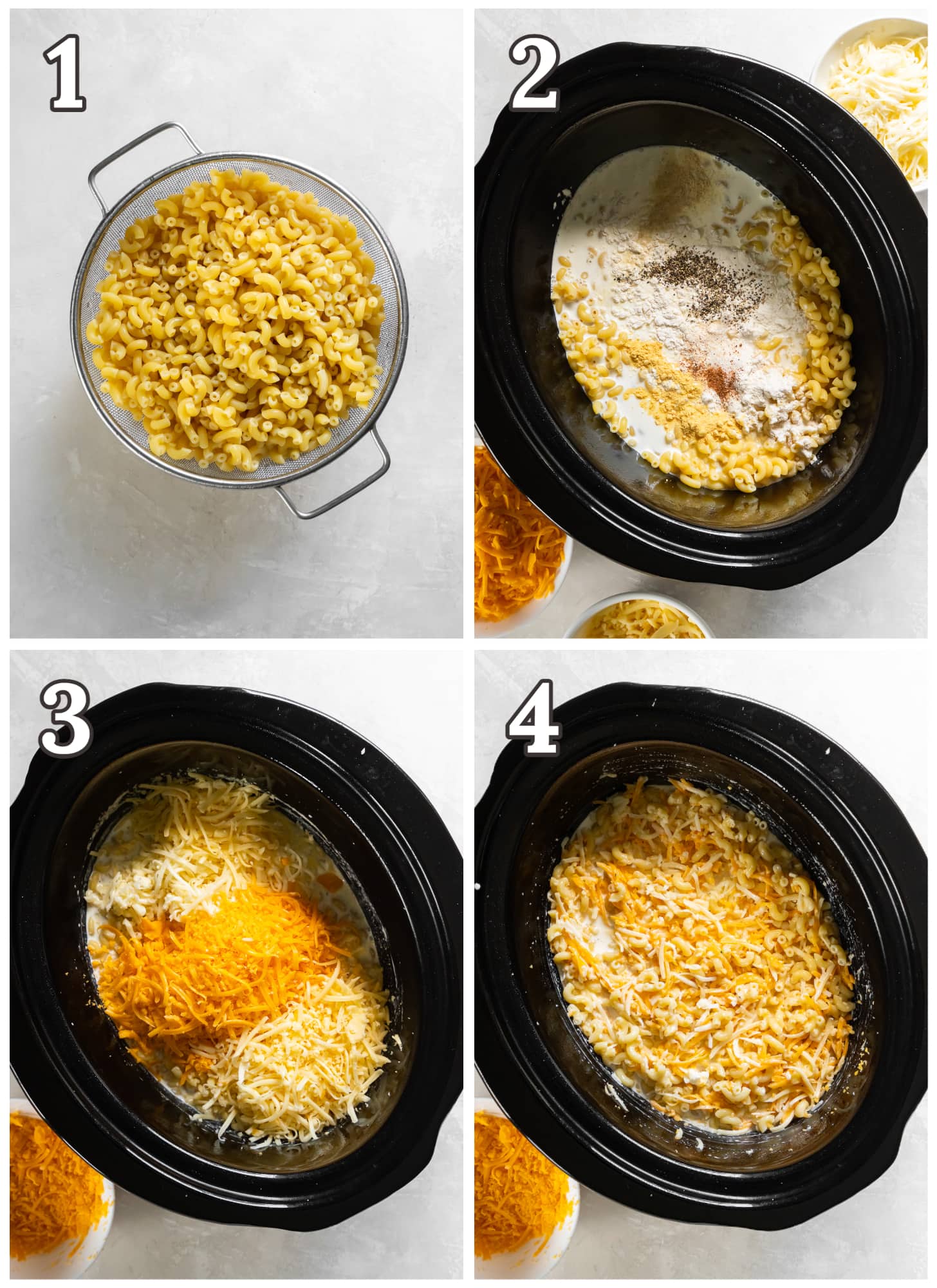 photo collage demonstrating how to make mac and cheese in a crockpot.