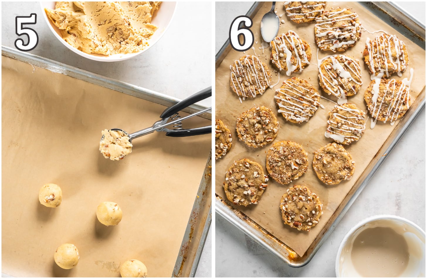 photo collage demonstrating how to make maple brown sugar cookies on baking sheet with icing.