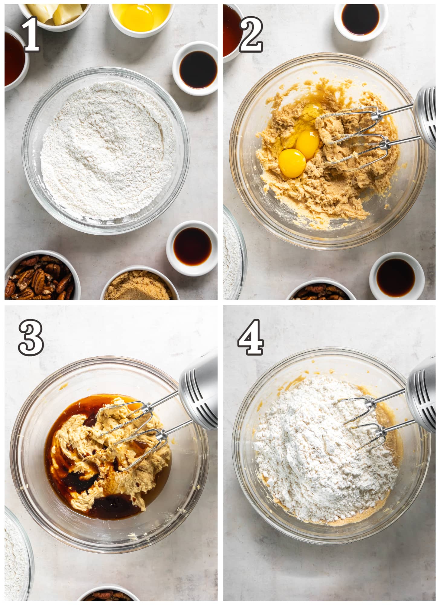 photo collage demonstrating how to make maple brown sugar cookie dough in a mixing bowl.