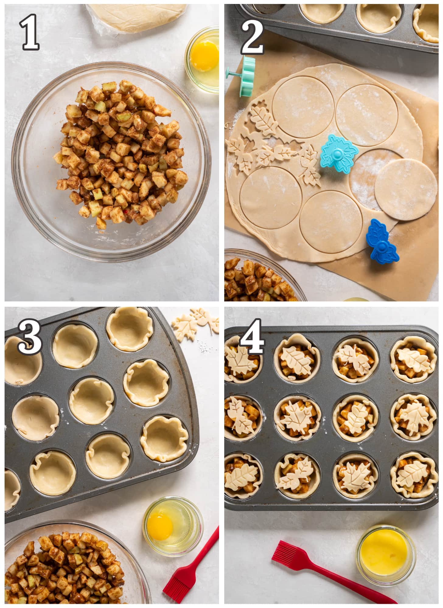photo collage demonstrating how to make mini apple pies in a muffin tin.