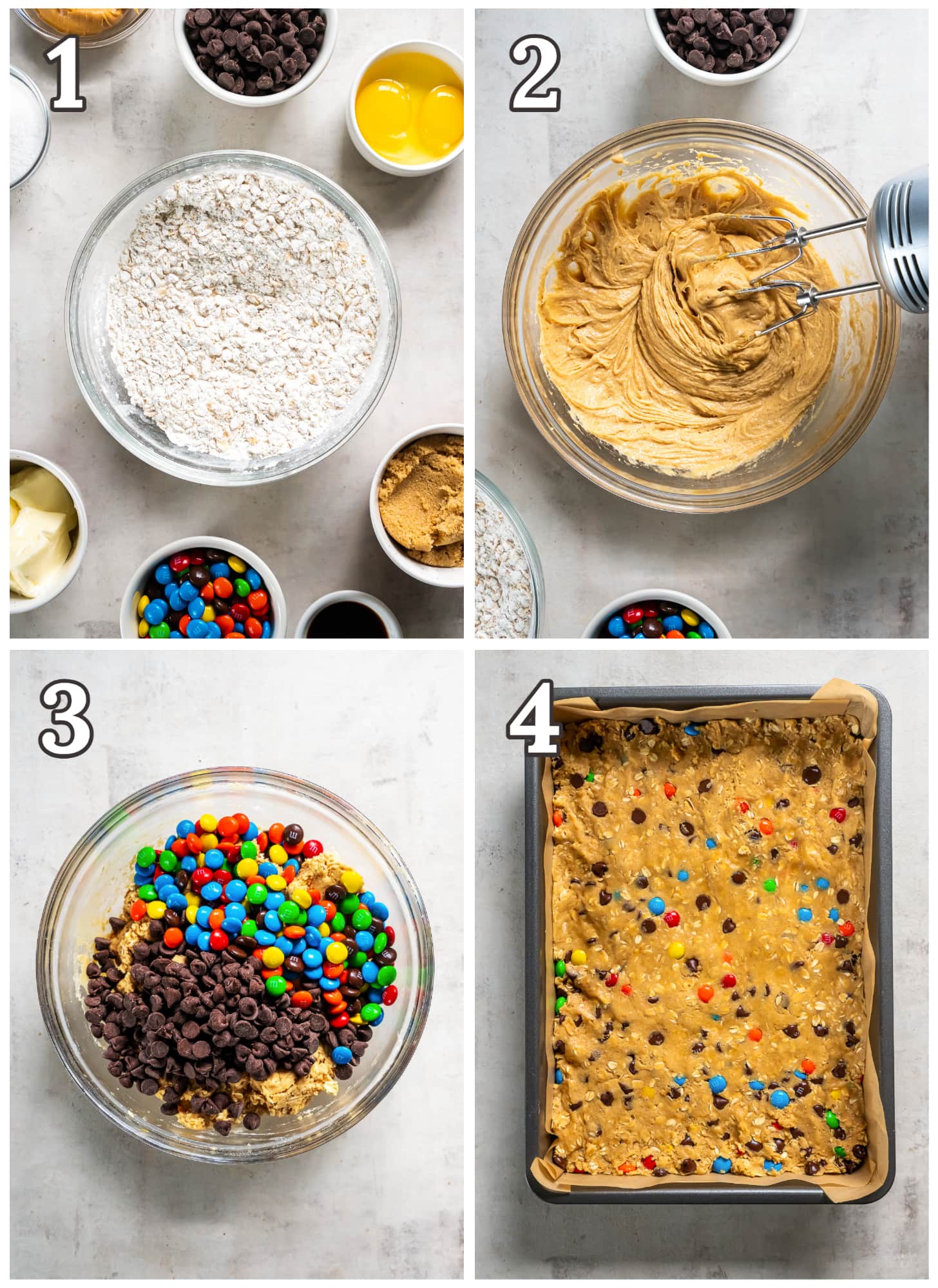 photo collage demonstrating how to make monster cookie bars in a mixing bowl and 9x13 pan.