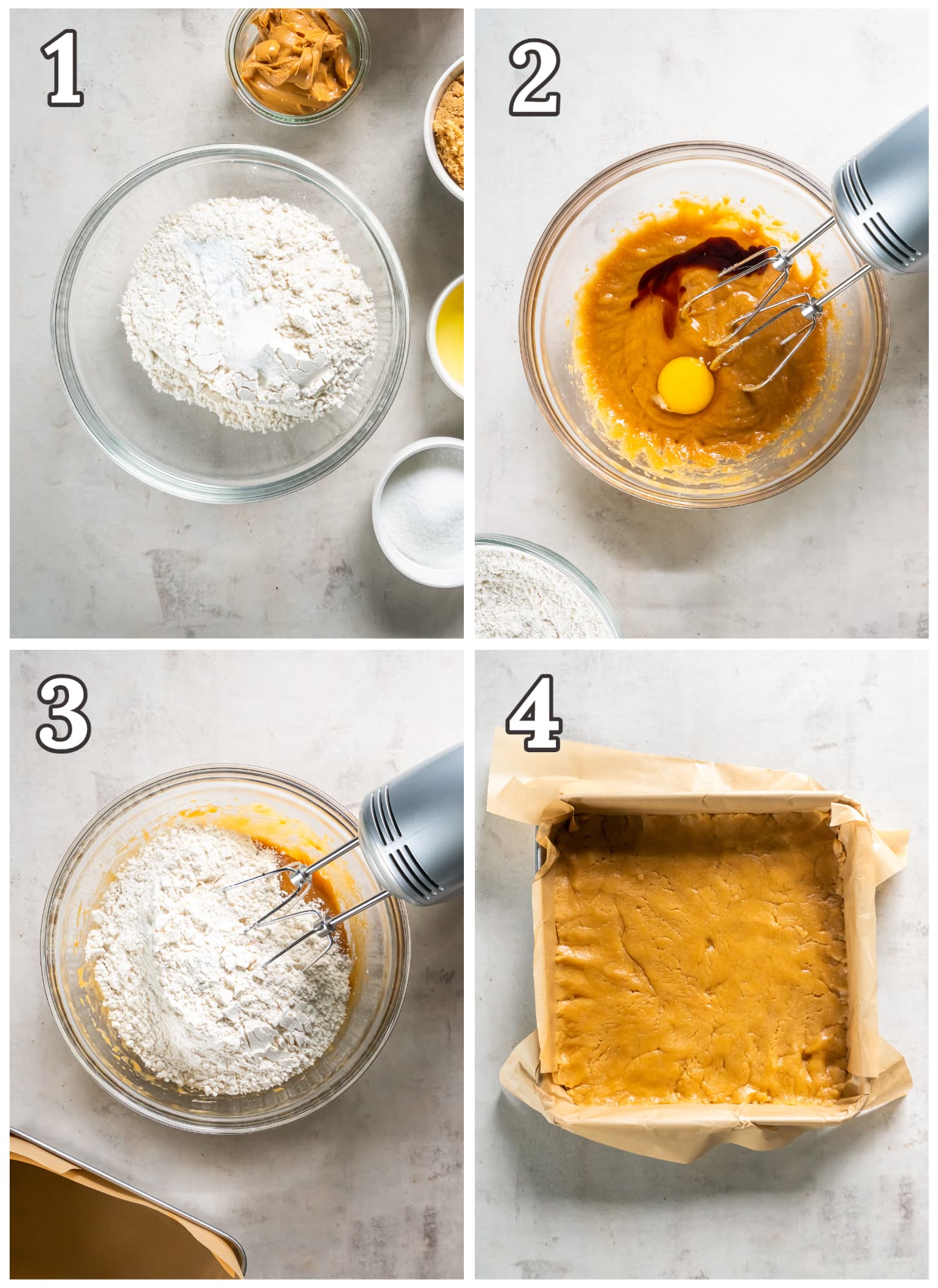 photo collage demonstrating how to make peanut butter cookie bars in a mixing bowl and square pan.