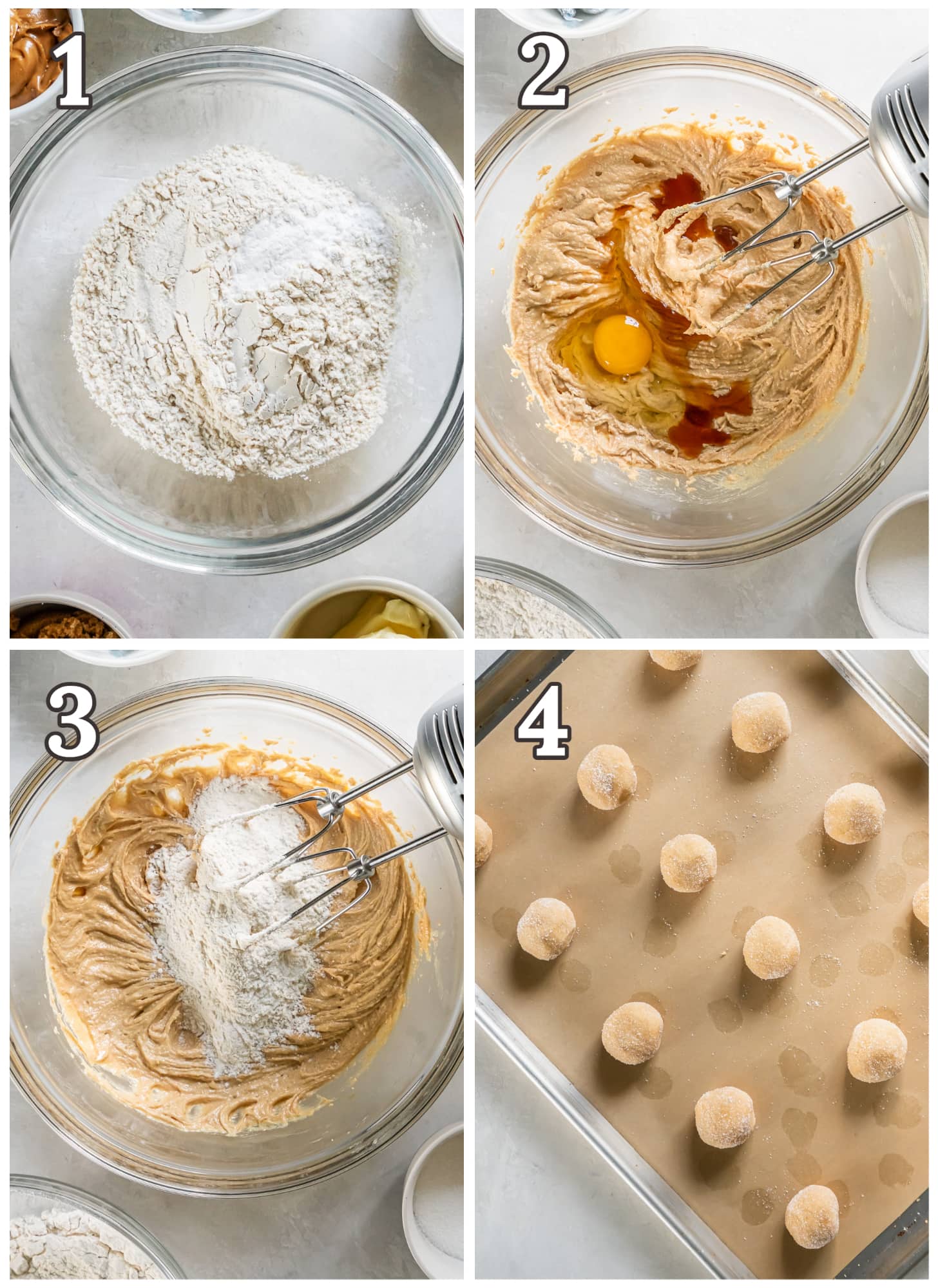 photo collage demonstrating how to make dough for peanut butter cookies.