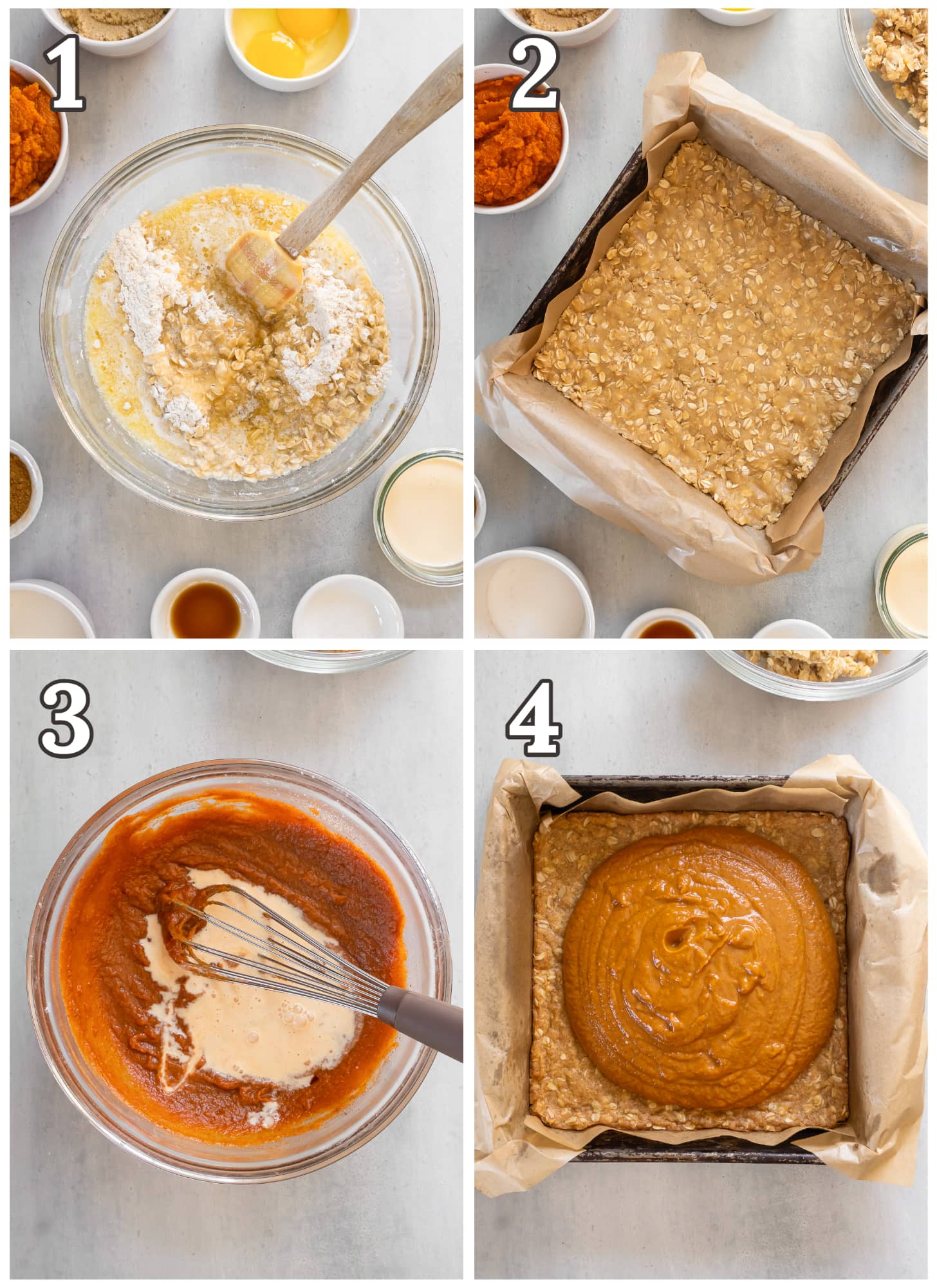 photo collage demonstrating how to make oatmeal crust and pumpkin pie filling for bars.