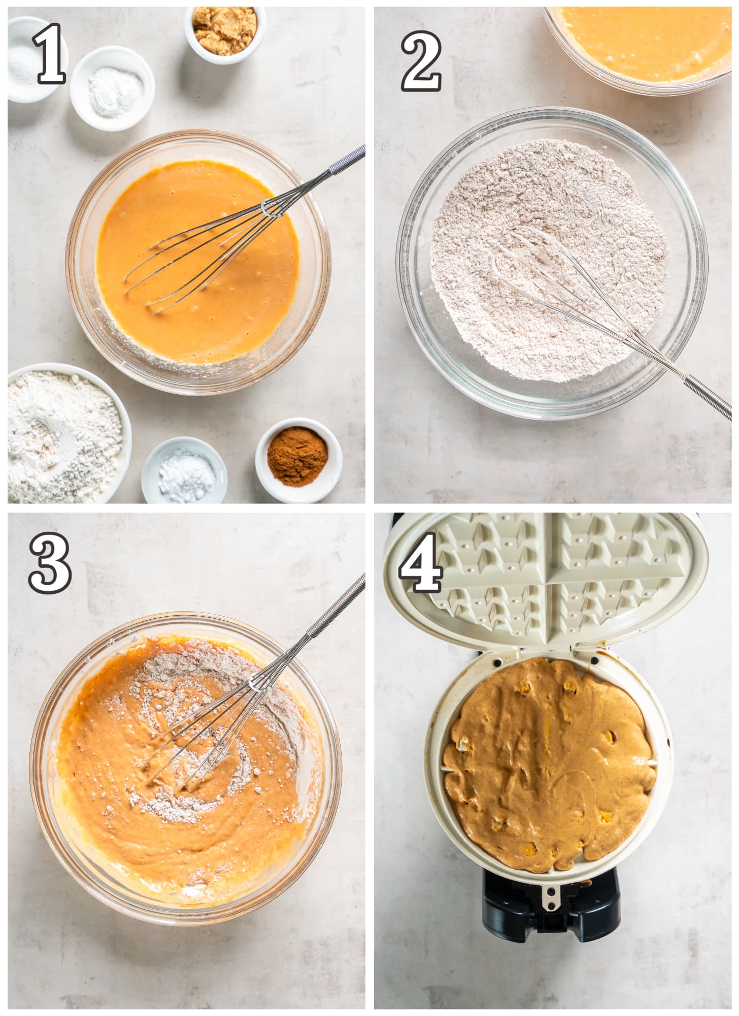 photo collage demonstrating how to make pumpkin waffle batter in a mixing bowl and waffle iron.