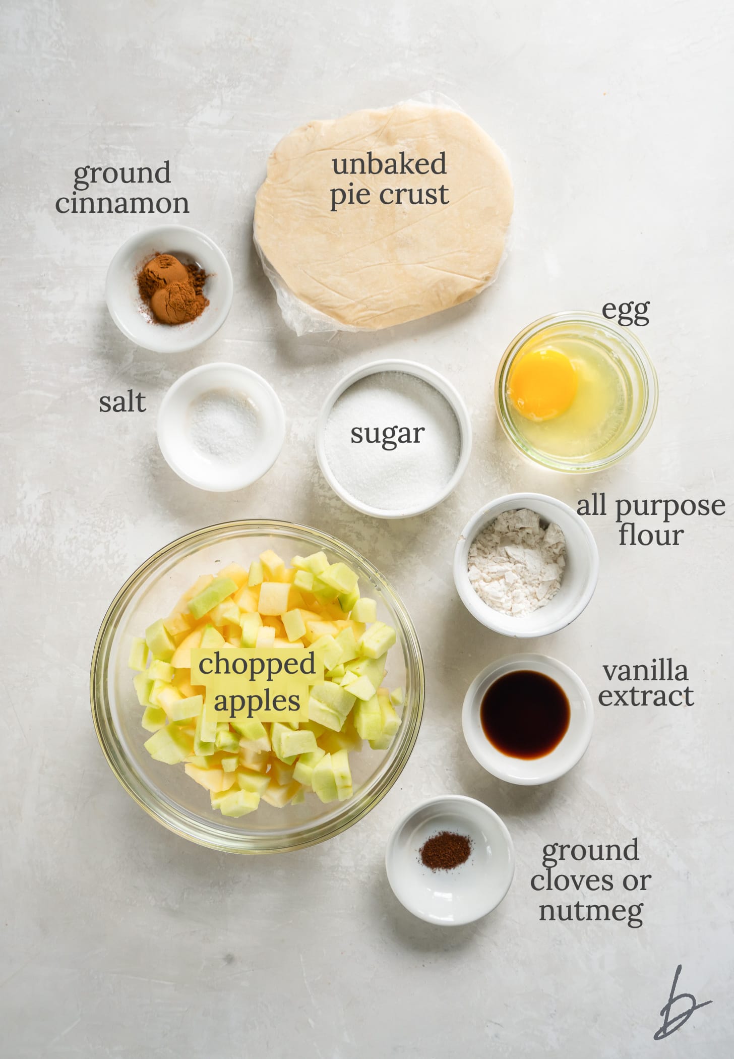ingredients for mini apple pies in bowls labeled with text.
