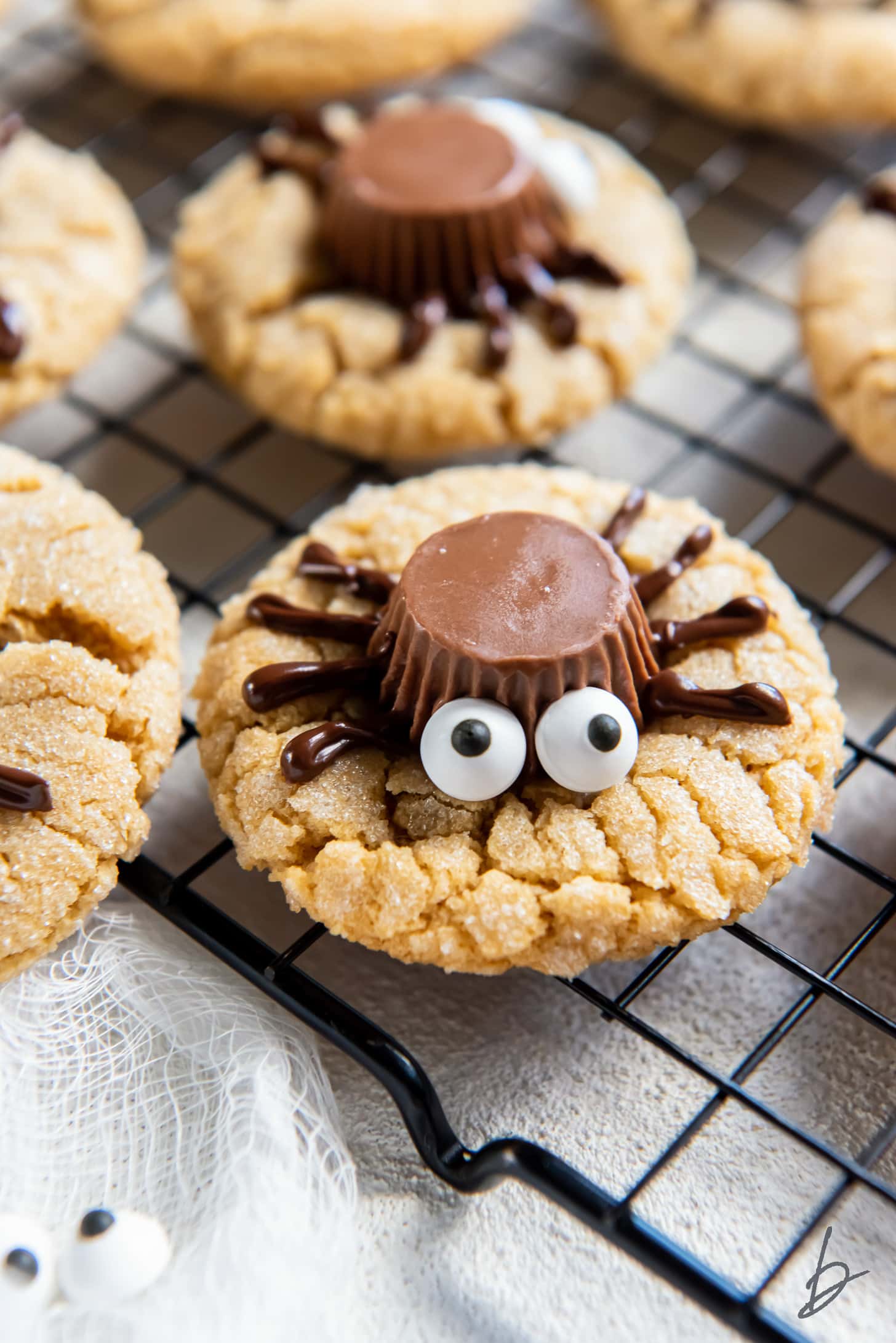 peanut butter spider cookie with melted chocolate legs, candy eyes and peanut butter cup body.