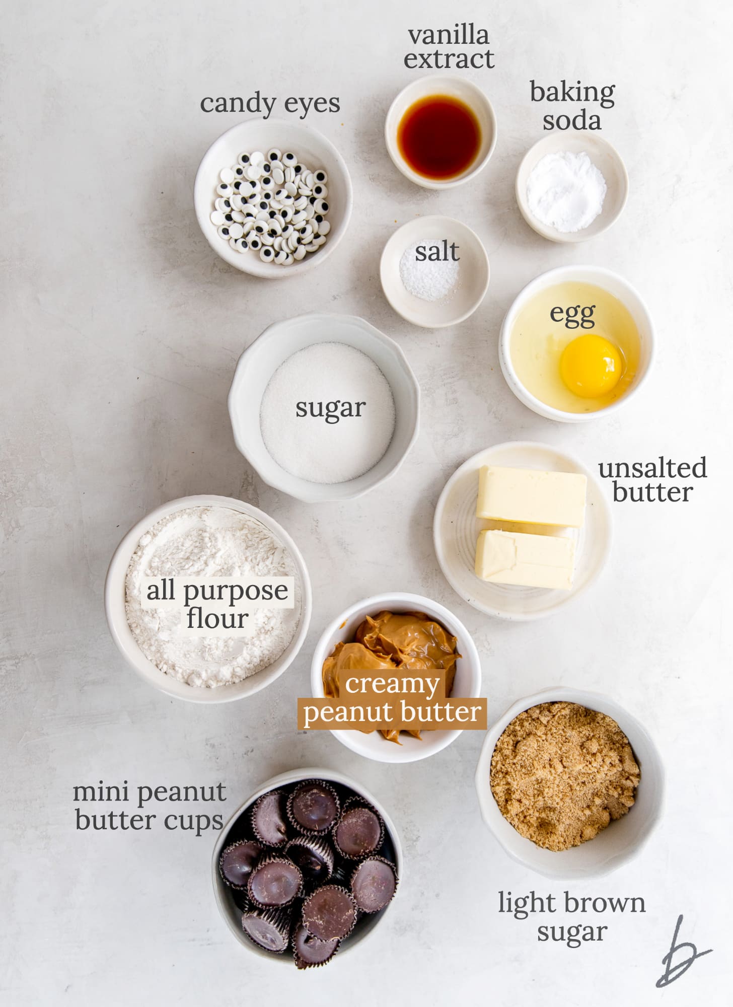 peanut butter spider cookies ingredients in bowls labeled with text.