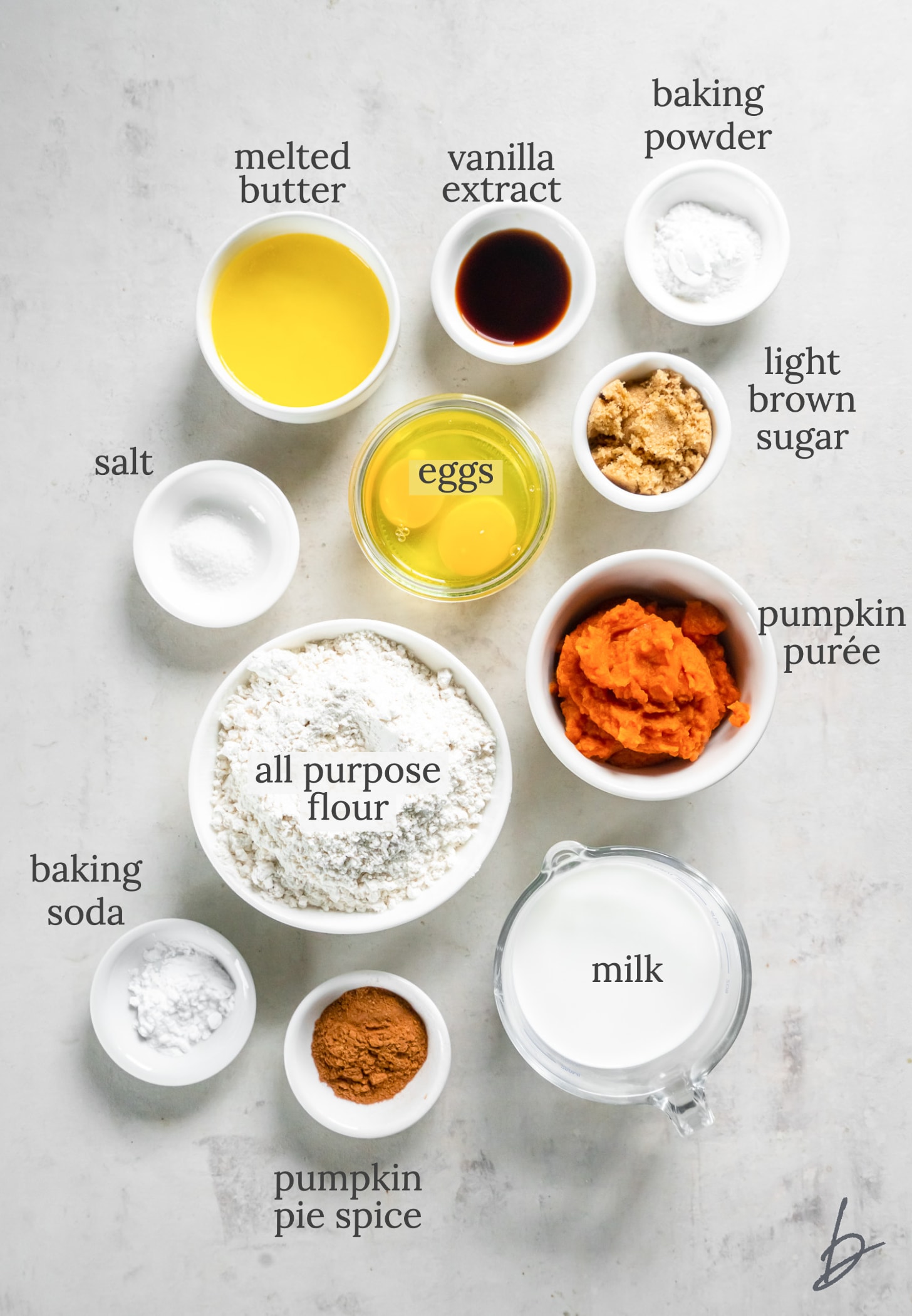 pumpkin waffle ingredients in bowls labeled with text