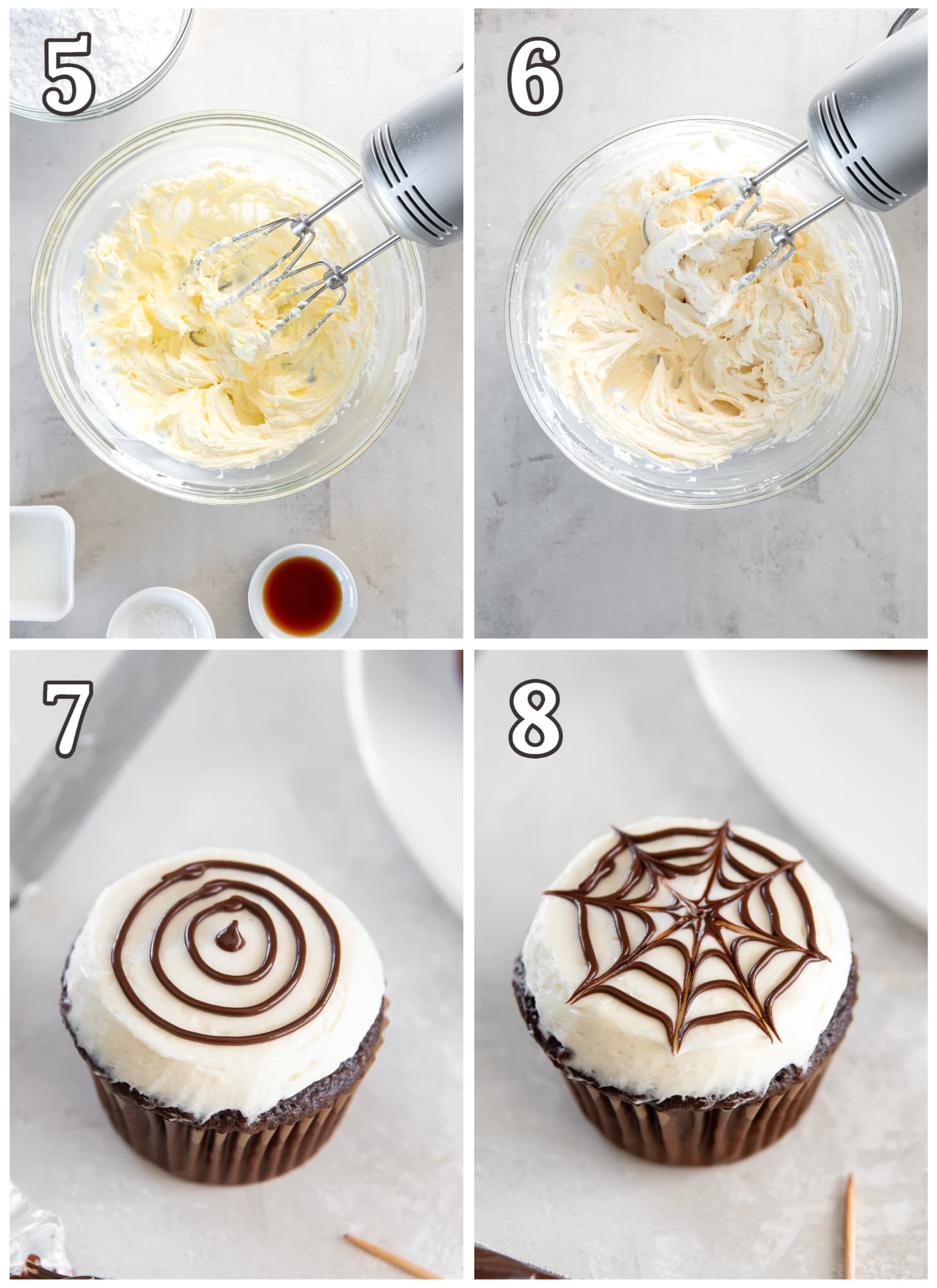photo collage demonstrating how to decorate halloween cupcakes.