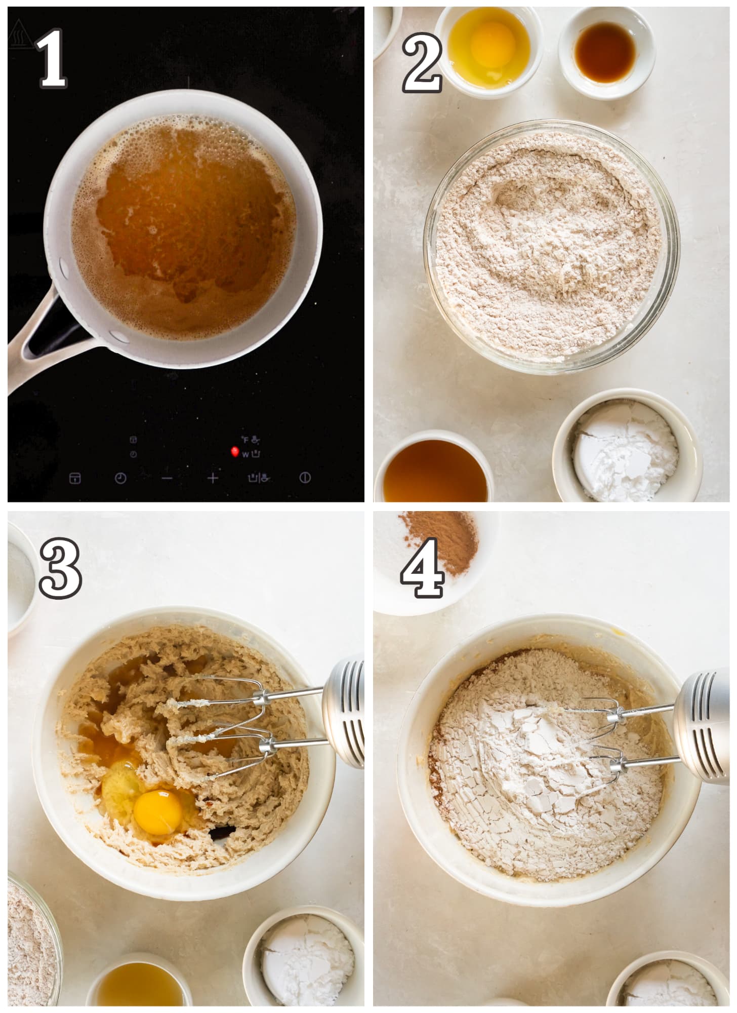 photo collage demonstrating how to reduce cider and make apple cider cookie dough.