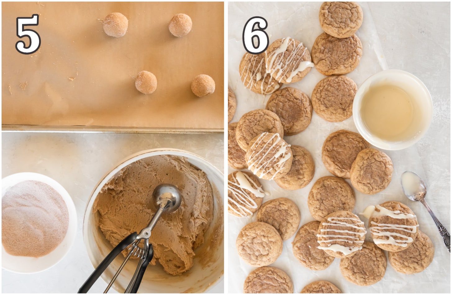 photo collage demonstrating how to roll cookie dough in cinnamon sugar and drizzle icing over baked cookies.