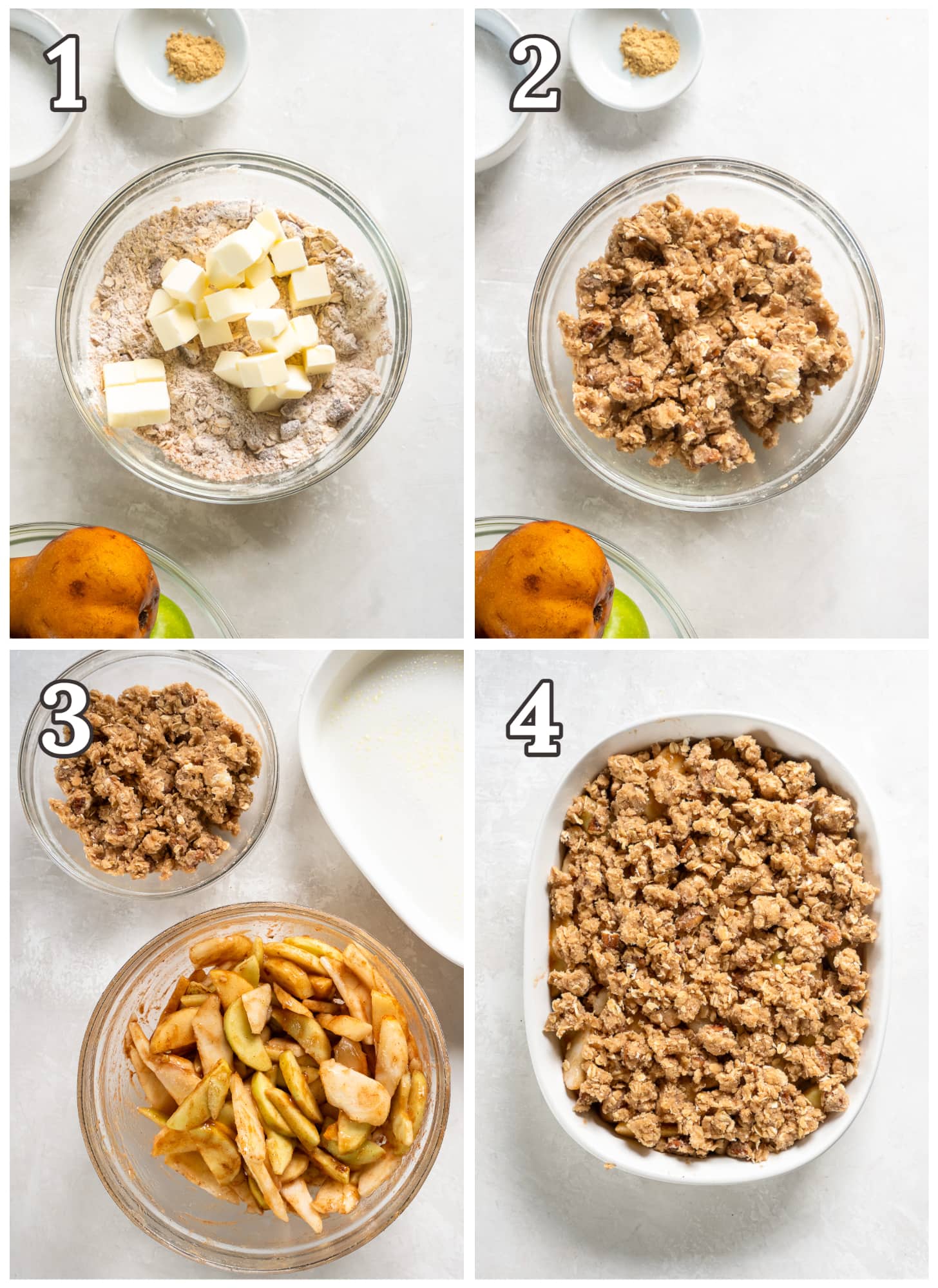 photo collage demonstrating how to make apple pear crisp.