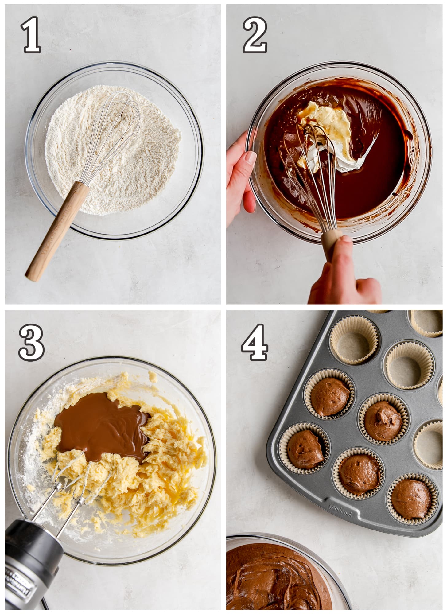 photo collage demonstrating how to make chocolate cupcakes.