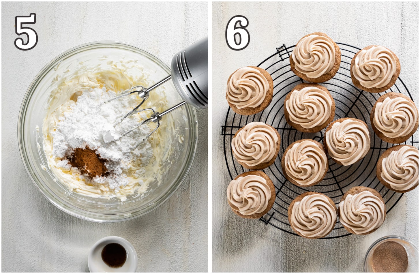 photo collage demonstrating how to make cinnamon cream cheese frosting for cupcakes.