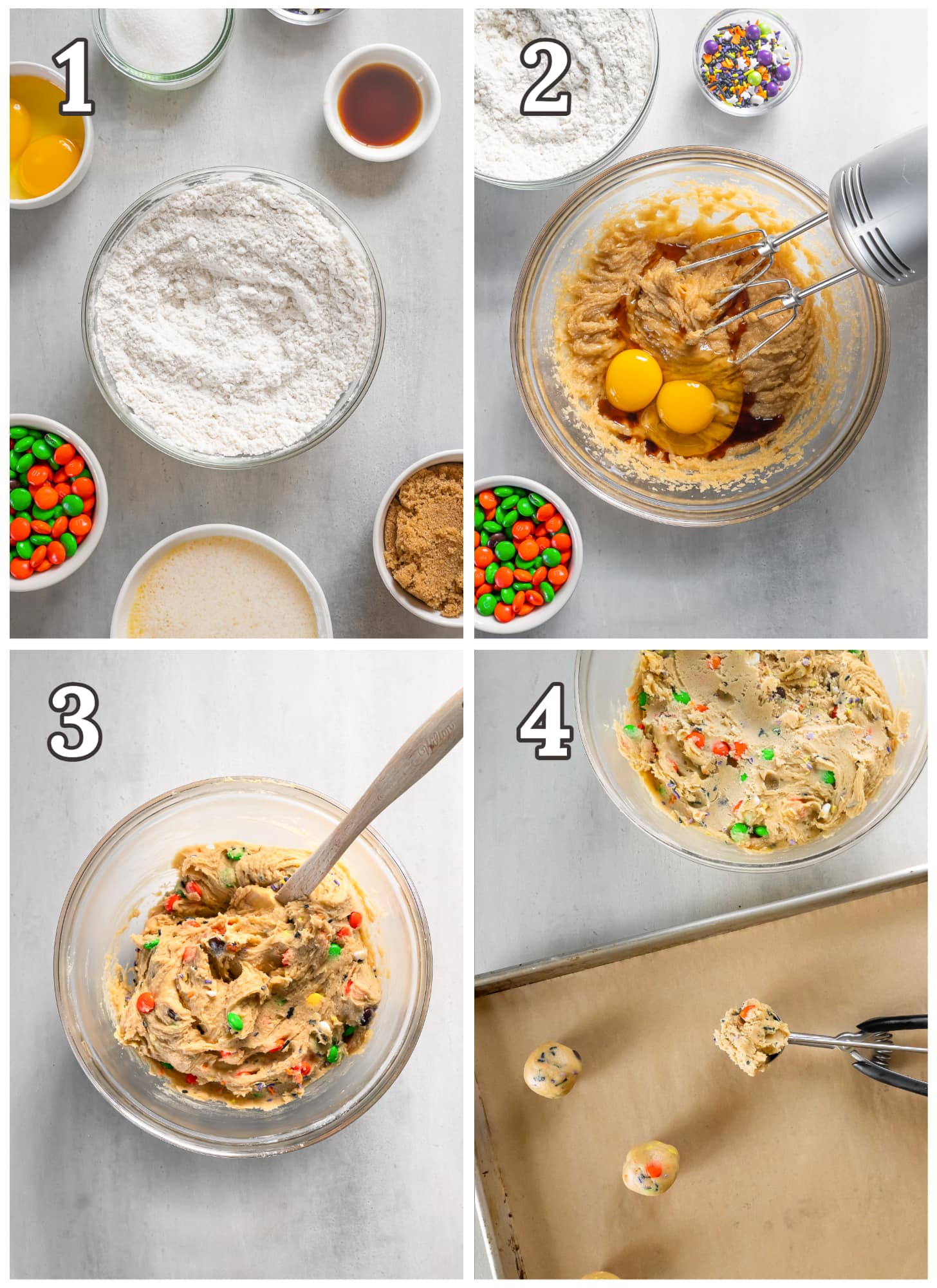 photo collage demonstrating how to make halloween cookie dough in a mixing bowl with a hand mixer.