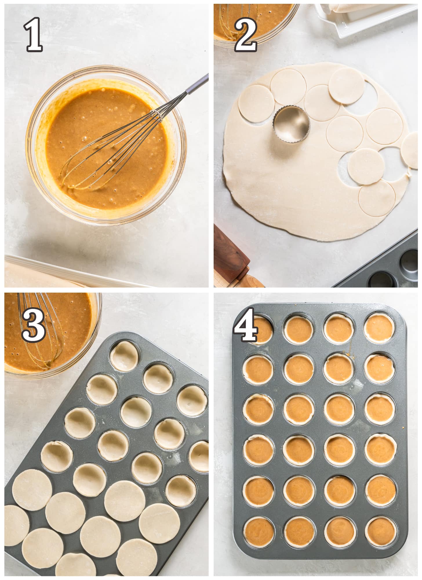 photo collage demonstrating how to make individual pumpkin pies in a mini muffin tin.