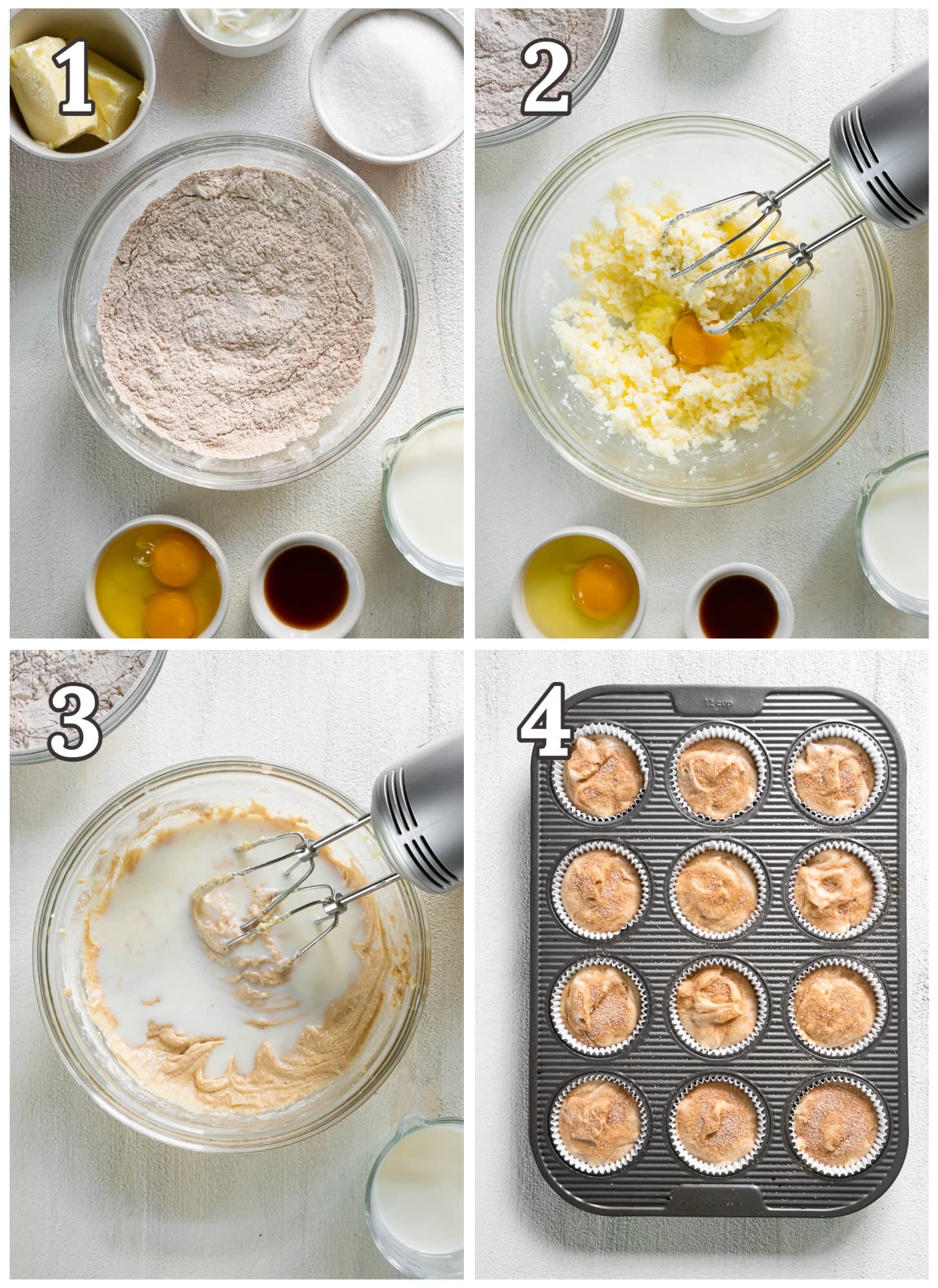photo collage demonstrating how to make snickerdoodle cupcakes in a mixing bowl.