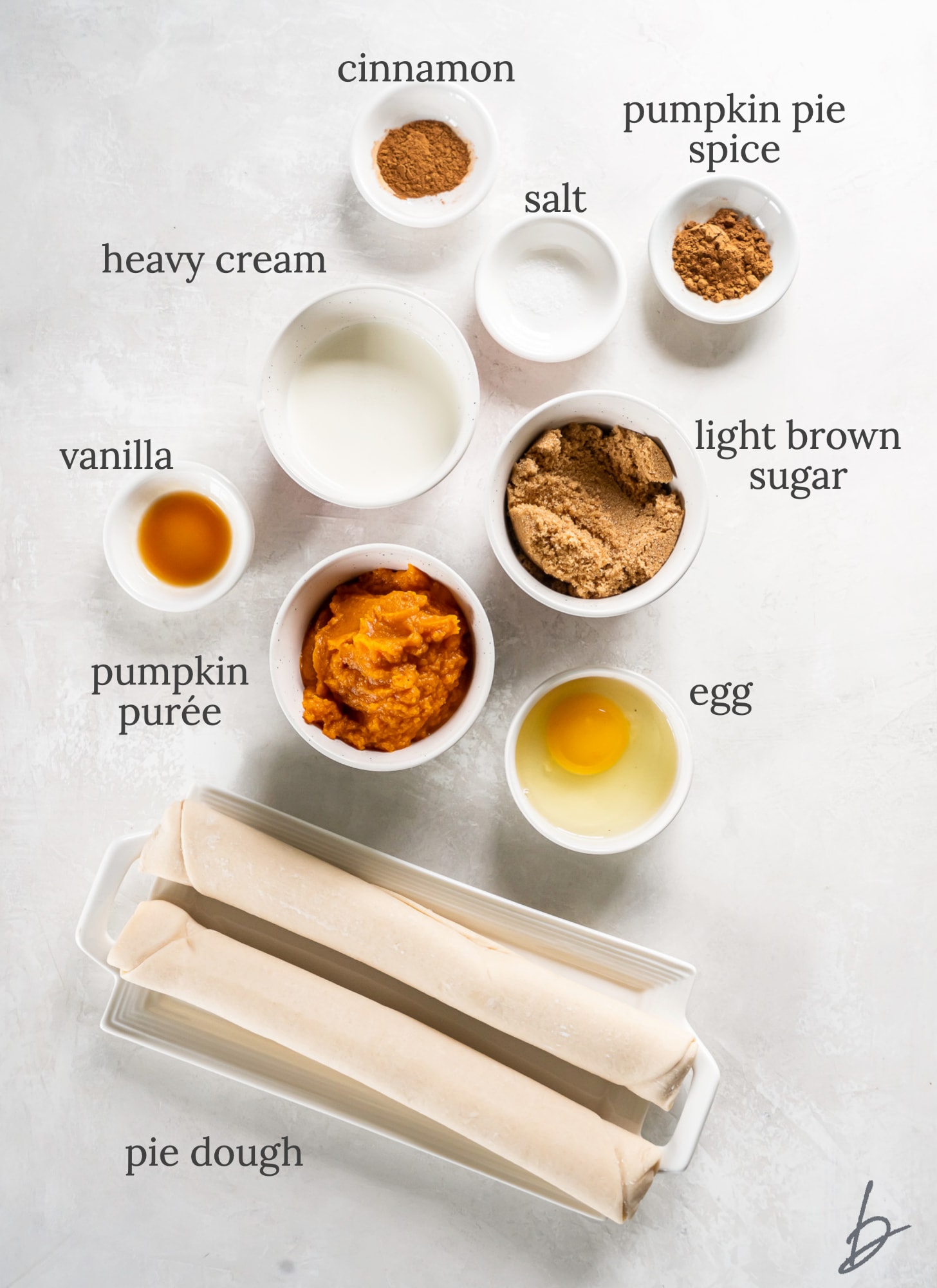 mini pumpkin pie ingredients in bowls labeled with text.