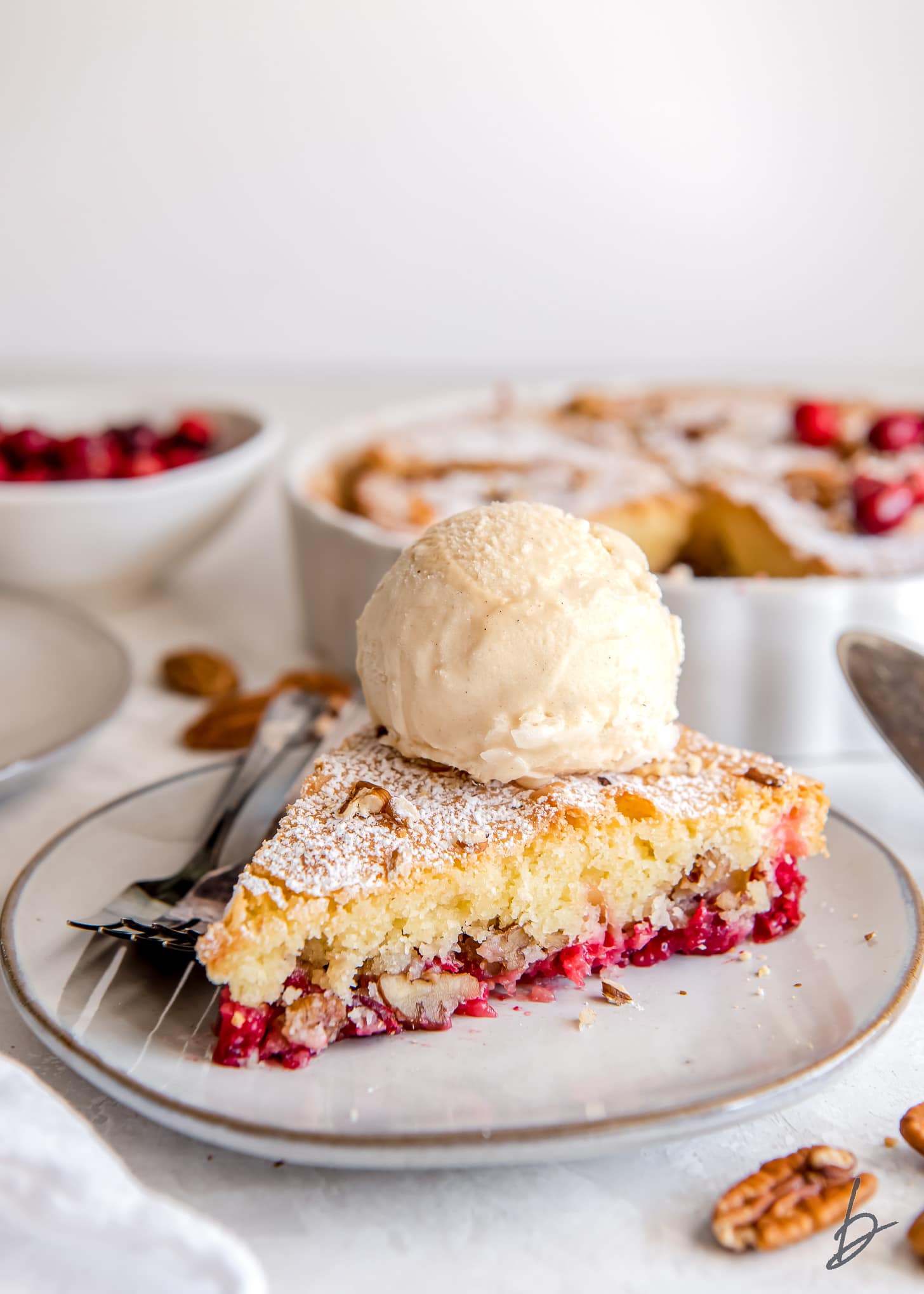 plate with slice of nantucket cranberry pie with scoop of vanilla ice cream on top.