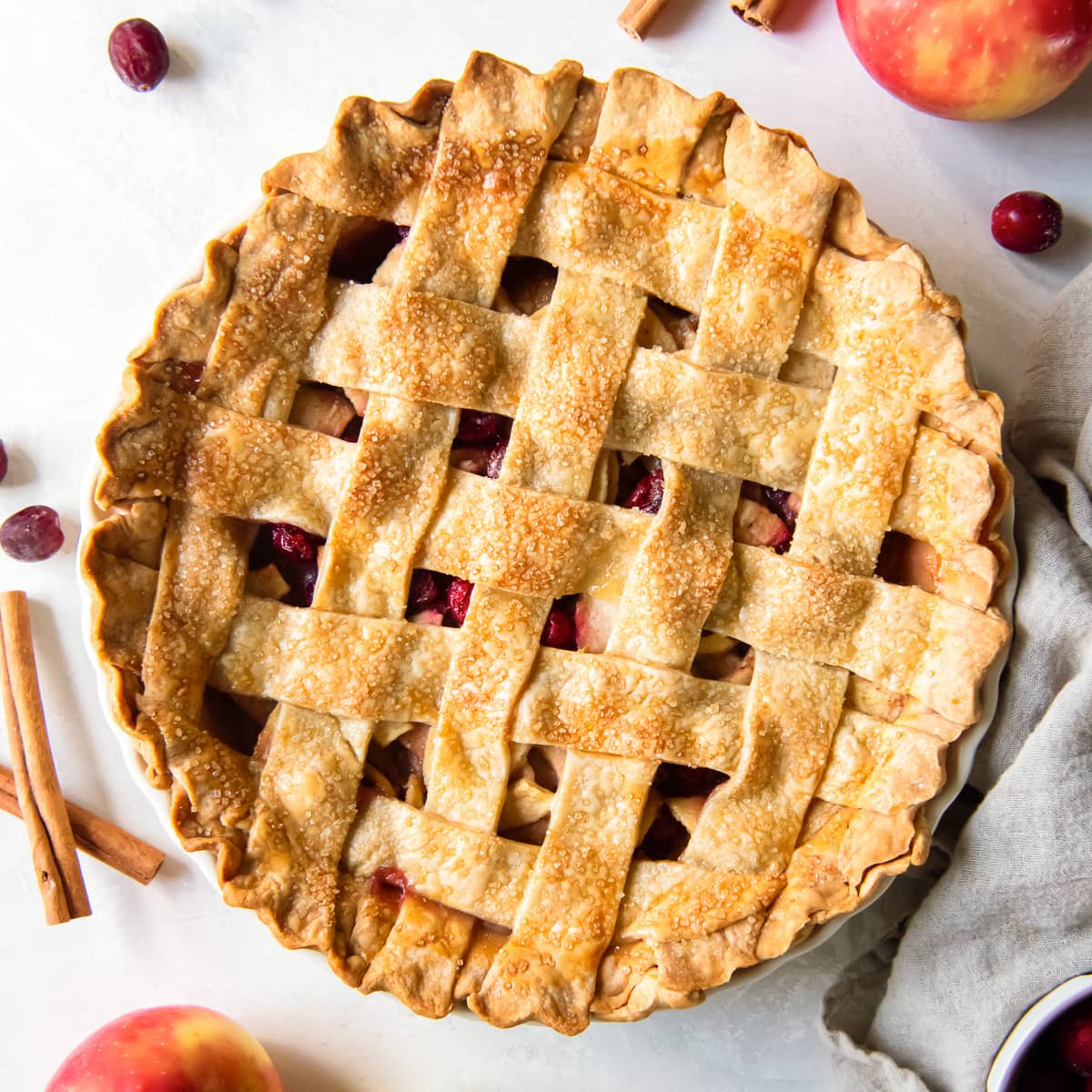 cranberry apple pie with lattice crust.